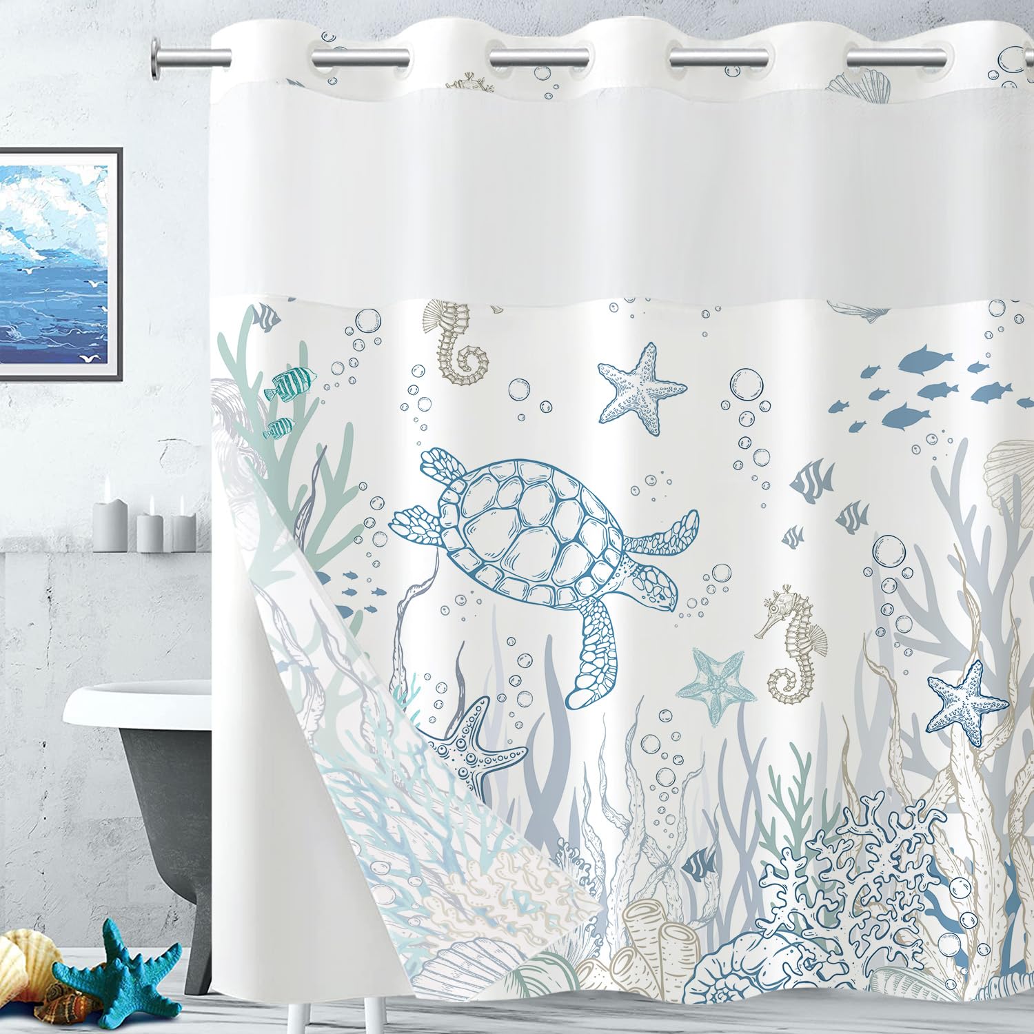 Lifeella Nautical Turtle and Coral Shower Curtain