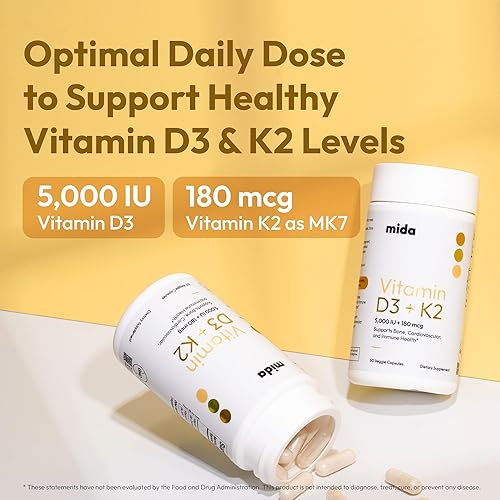 Miniatura 3 de Mida Health Vitamin D3 K2 5000 IU with MK7 (125 mcg)  Natural Supplement for Bone Strength, Heart Health, and Immune Support  Vegan Capsule  60