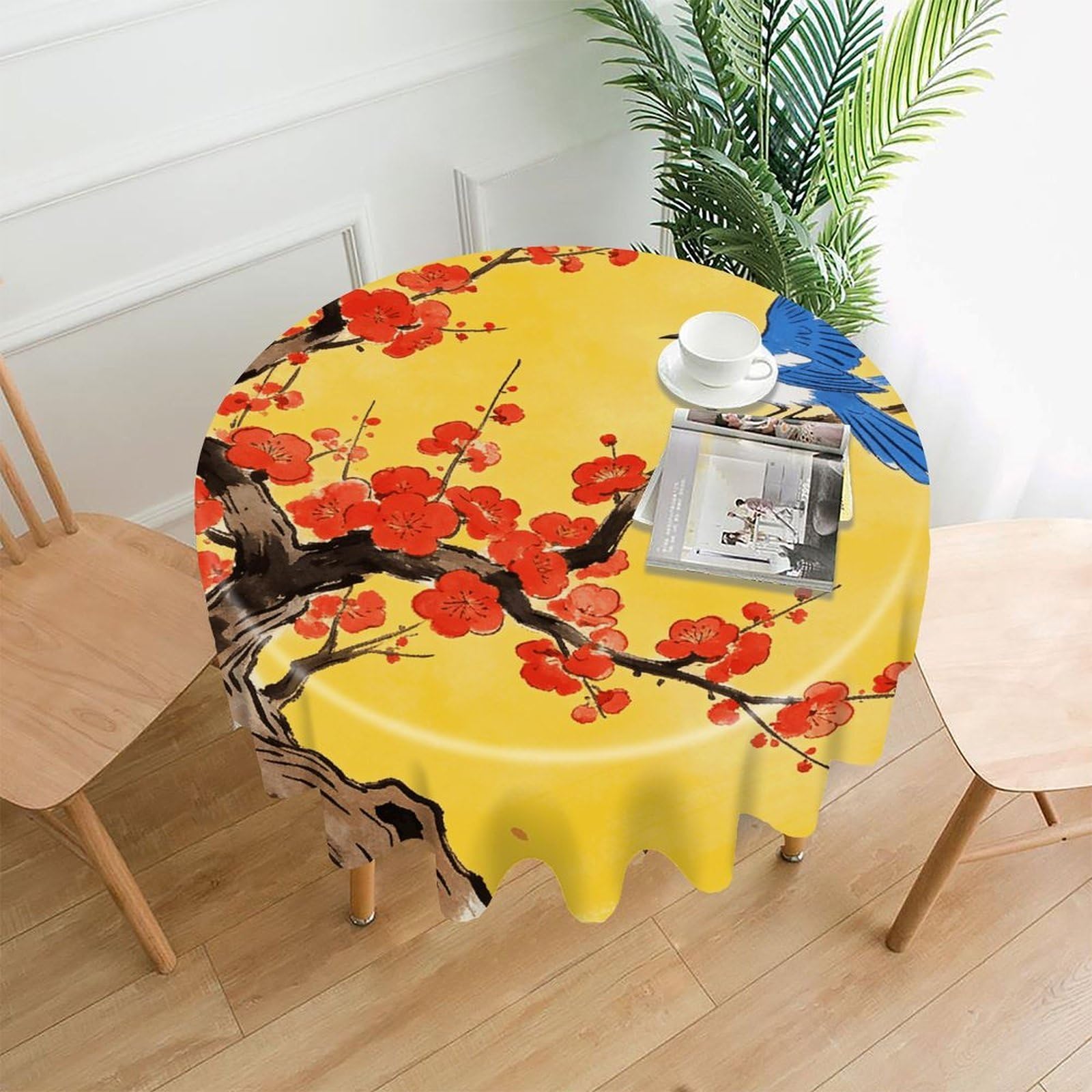 VstaDank Joy is on The Tip of The Plum Blossom Table Cloth Fashions Washable Round Tablecloth Decorative Table Cover Comfortable Straight Edge Tablecover for Dining Kitchen Party Outdoor 60 Inch
