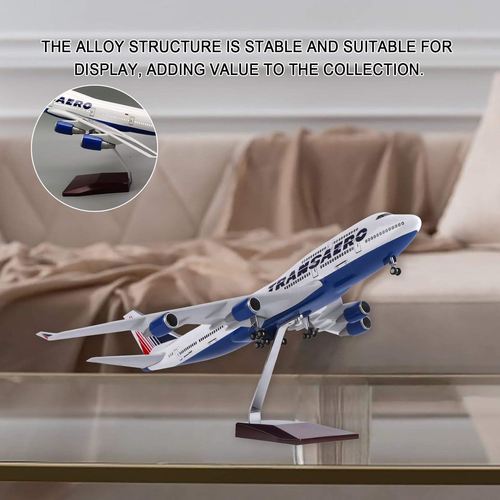 47CM 1:150 Russia Transaero Airlines B747 modello di aereo aereo macchina for pressofusione con luce e carrello di atterraggio ruote for appassionati aviazione, arredamento(With light)
