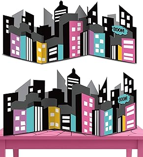 HOMEZZO Pink Spider Party Decorations, 2 Pcs Comic Cityscape Backdrop Foldable Urban Skyline Decorations for Table Centerpiece, Birthday, Photo Booth Props, Colorful Building Cutouts