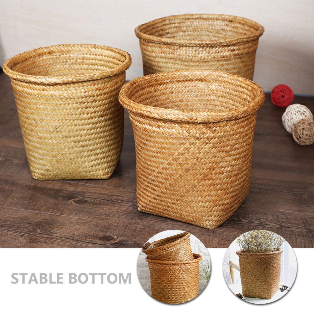 Toddmomy Woven Seagrass Wicker Waste Bin,Hand-Woven Wicker Decorative Trash Can Seagrass Garbage Bin Laundry Hamper Planter Pot for Rubbish Office Organizer