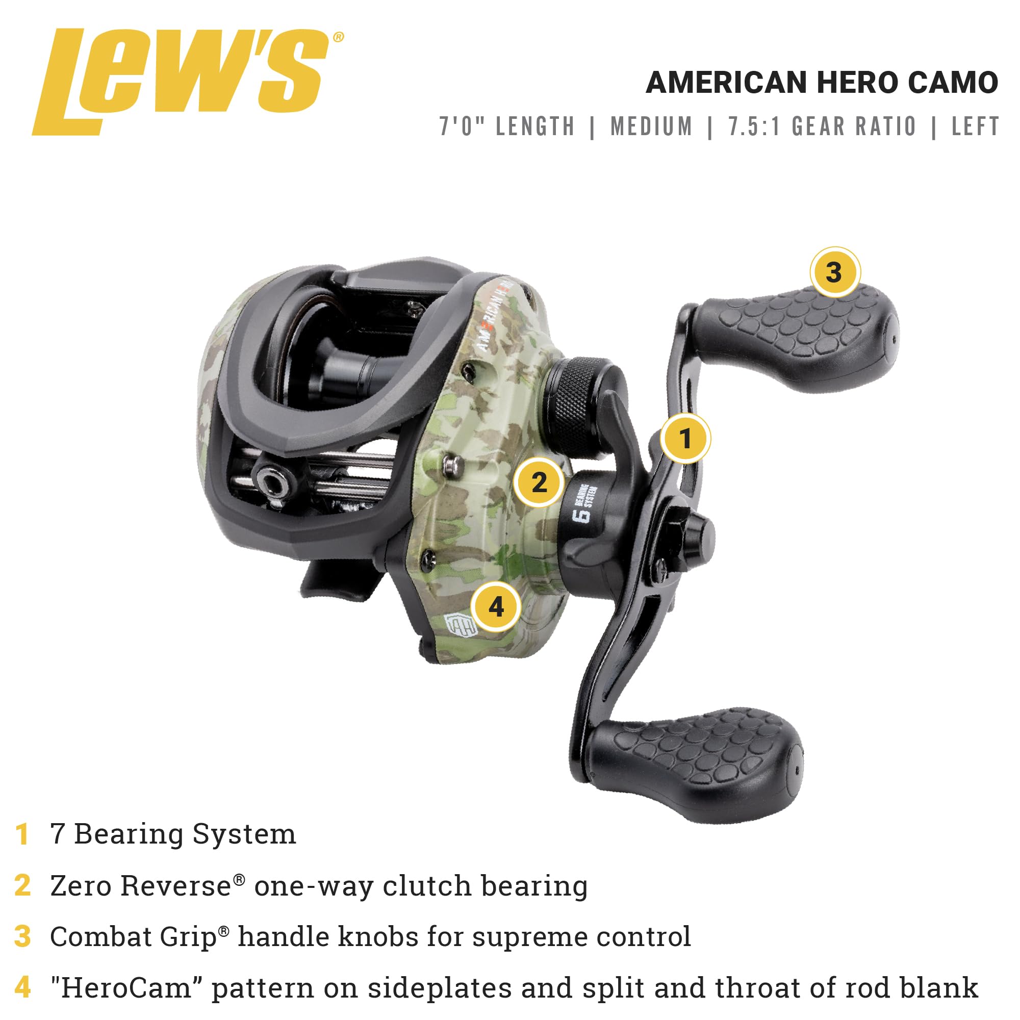 Lew’s American Hero Camo Baitcast Reel and Fishing Rod Combo, IM7 Graphite Rod, 5+1 Bearings, 7.5:1 Gear Ratio, One-Piece Graphite Frame, Camo/Black