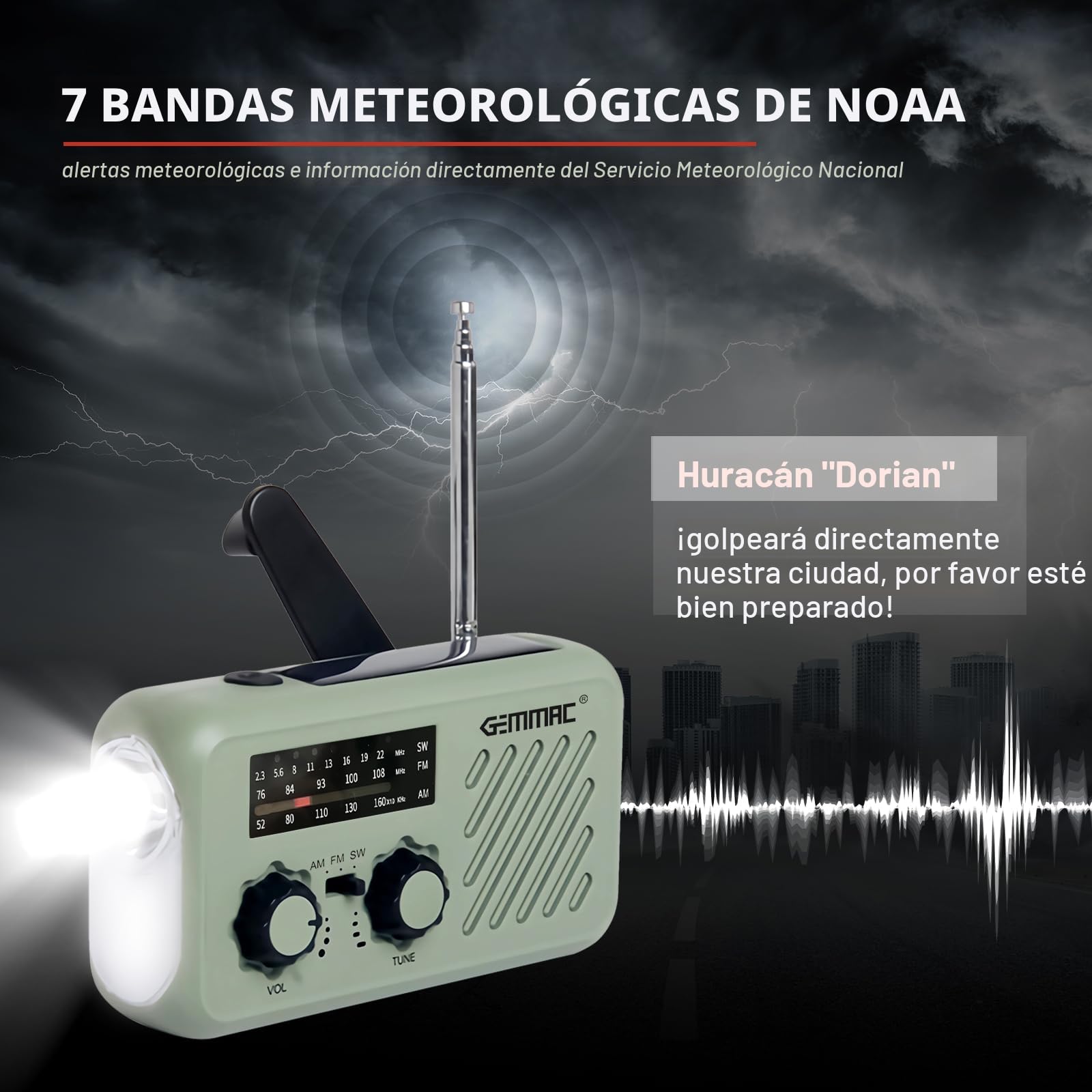 Gemmac Radio de Emergencia Portátil 2000mAh con Manivela y Carga Solar, Linterna LED 3 Modos, SOS Alarma, Powerbank, Carga USB Emergency Radio - Ideal para Emergencias y Aventuras