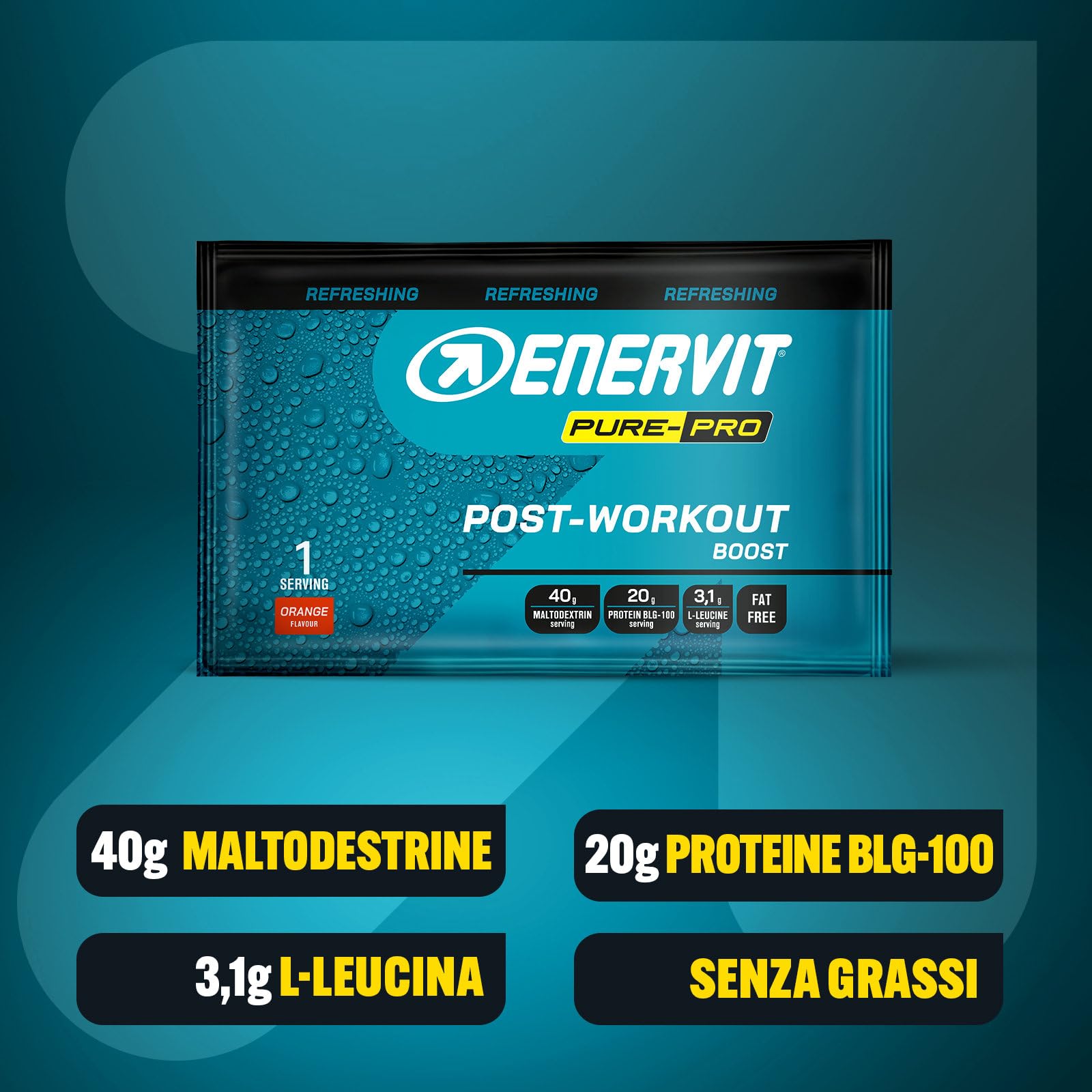 Enervit Pure-Pro Post Workout in Polvere di Maltodestrine Gusto Arancia, con Vitamina B6, Beta-Lattoglobulina del Latte e Aminoacidi Essenziali, 20g di Proteine, Senza Grassi, Buste 65g