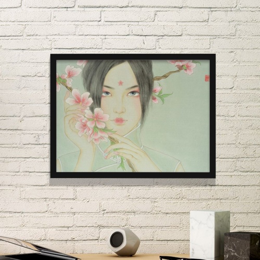 Aquarelle fleur de pêcher sous cadre noir une idée cadeau idéale pour pendaison de crémaillère