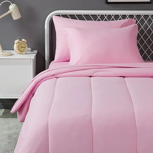 Amazon Basics 5 Piece Soft Microfiber Kid's Bed-in-a-Bag Bedding Set, Twin, Pink, Solid