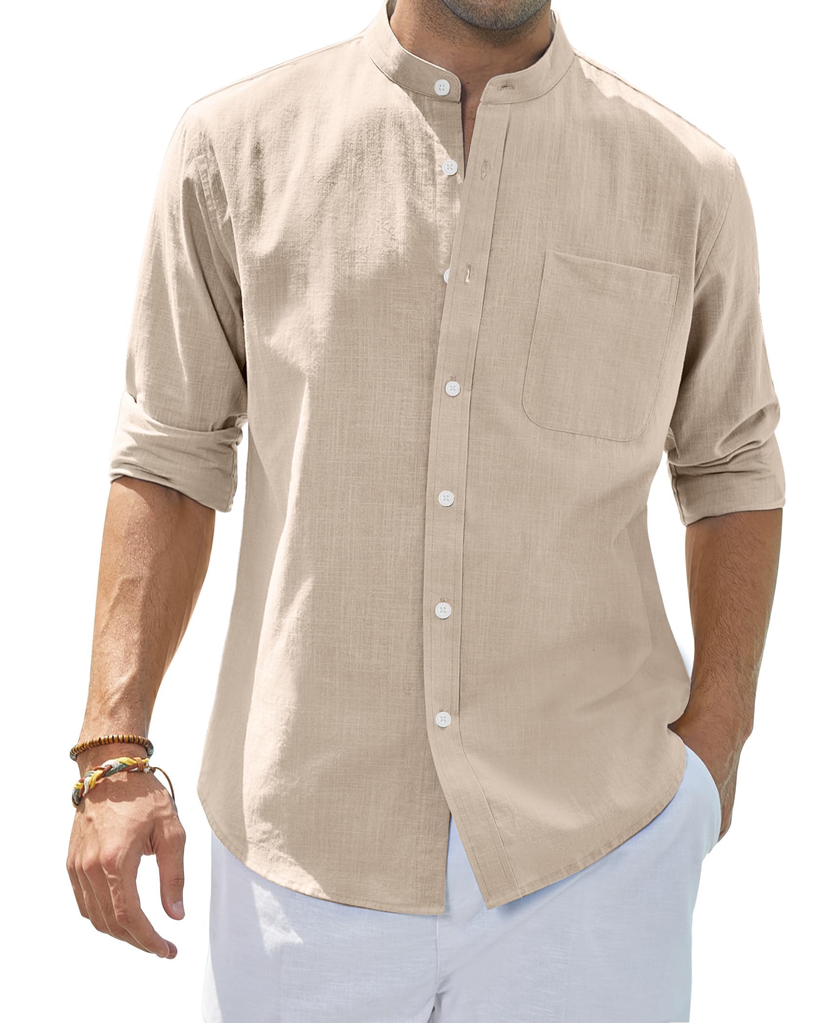 siliteelon Herren Hemd Leinenhemd Langarm Stehkragen Leinenshirt Hemden Herren Freizeithemd Casual Regular Fit Sommer Standhemd