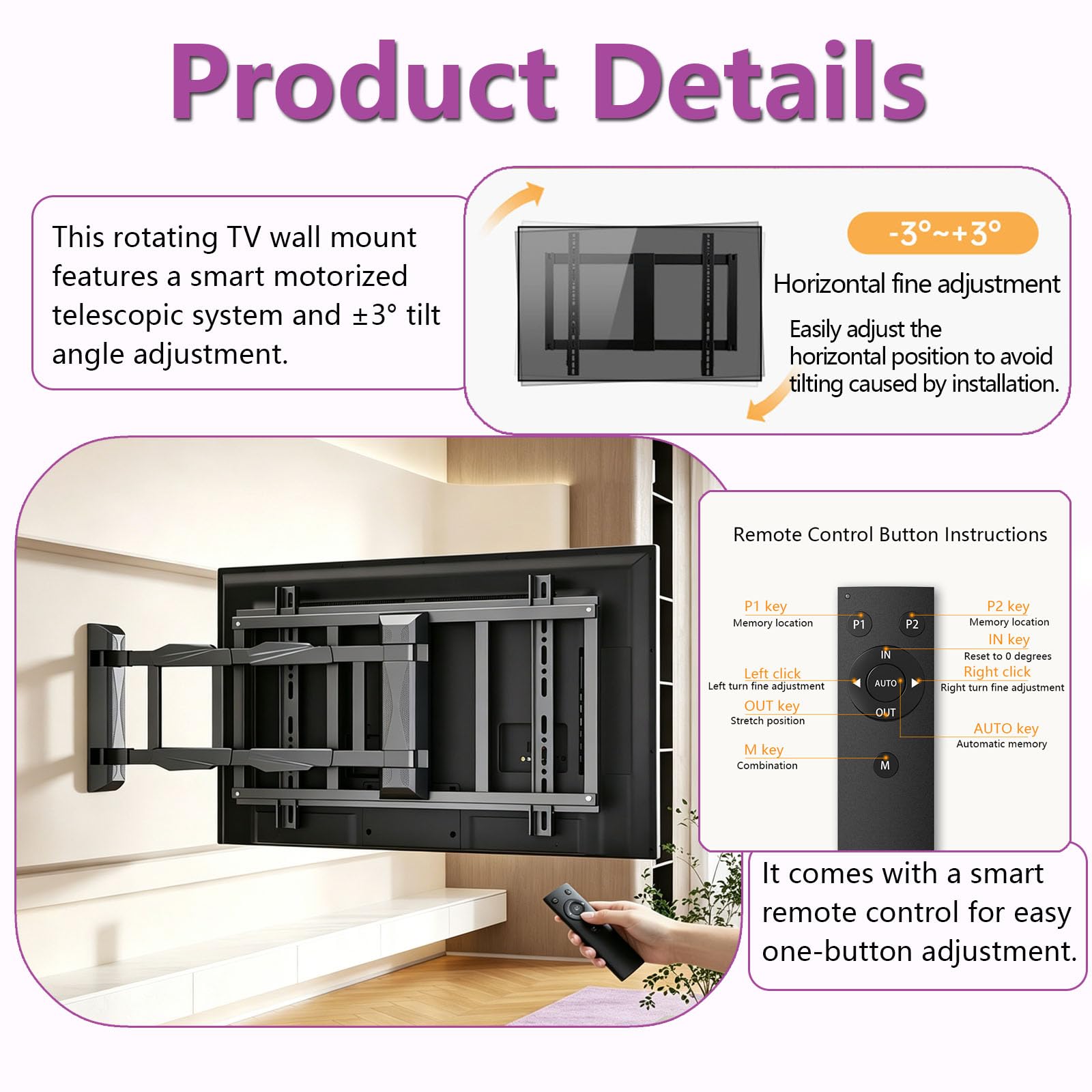 Soporte Pared TV motorizado Extensible para Pantallas LCD 65–86 Pulgadas | Soporte motorizado con control remoto, giro de 70–90° y ligera inclinación, VESA máxima 750x600 para hogar y oficina