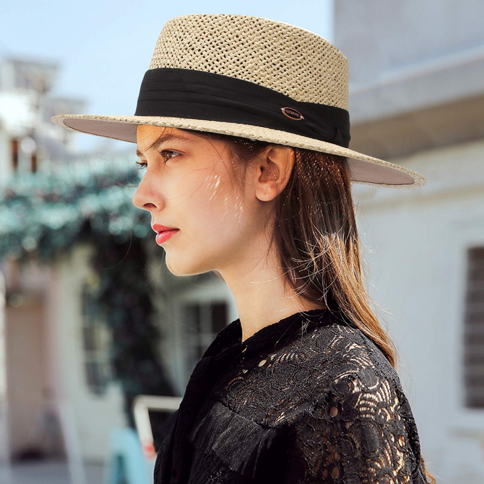EOZY Chapeau de Paille Femme Homme Vintage Panama Chapeau Pork Pie Été Large Bord Chapeau de Soleil Anti-UV pour Plage Voyage