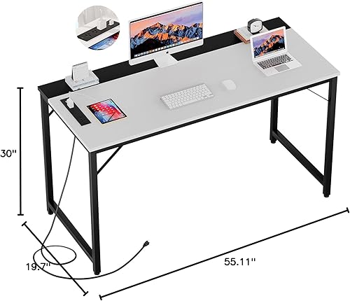 Miniatura 3 de Escritorios para computadora de 55 pulgadas con tomas de corriente y puertos de carga USB, escritorio de oficina moderno para espacios pequeños,
