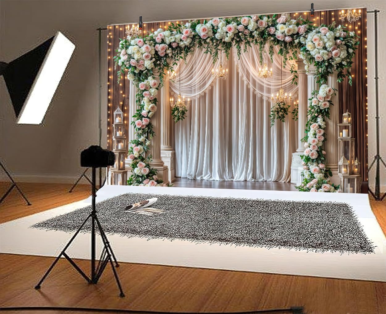 3 x 2,4 m ślub drewniane tło brokatowe biała zasłona róża kwiatowy ściana drzwi fotografia tło zachodnie vintage rocznica ślubu baner urodziny baby shower sesja zdjęciowa dekoracja rekwizyty dekoracja