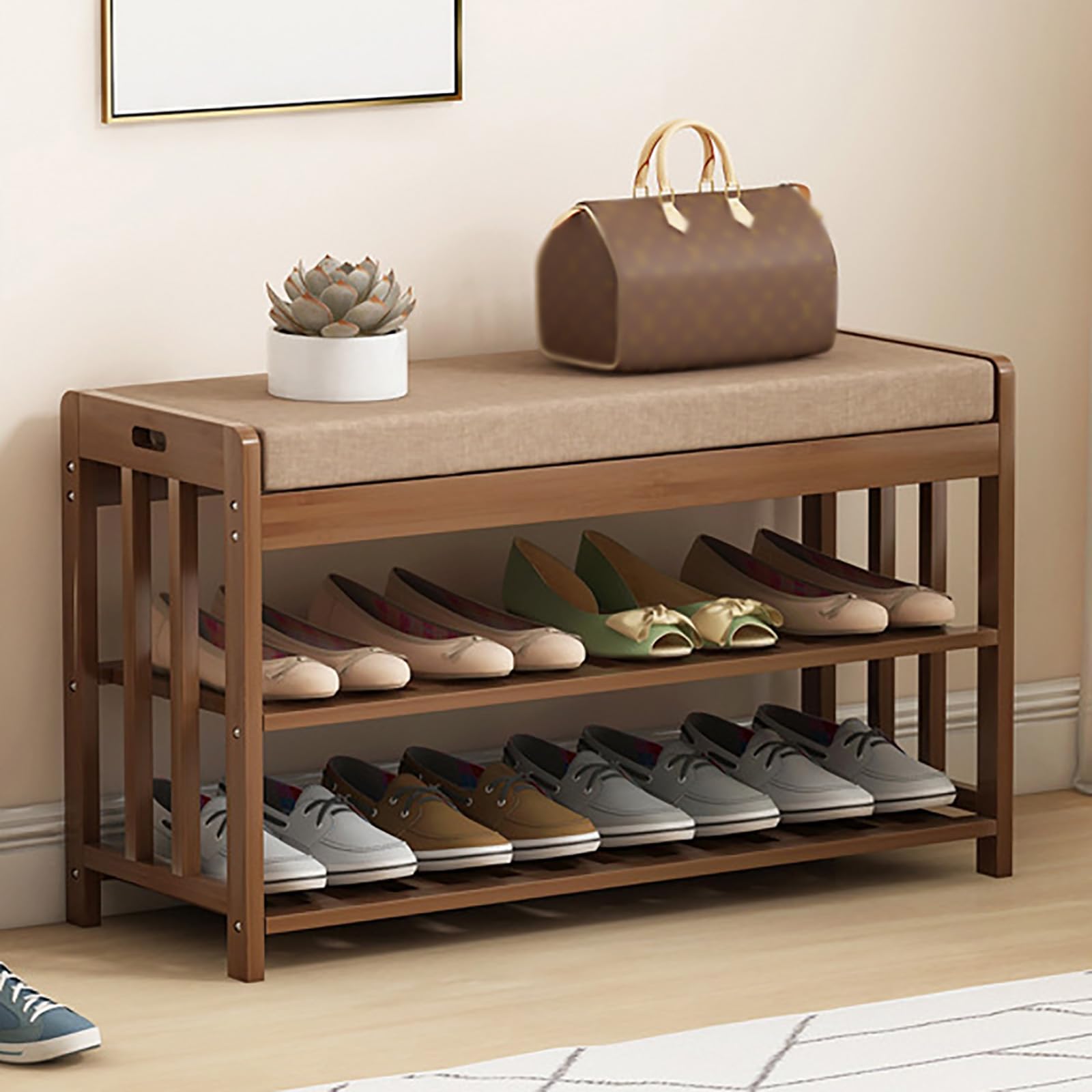 WJFTODAY Multifunctional Bamboo Shoe Storage Bench with Padded Seat Open Entryway for Bedroom Living Room Corridor Dressing Room 31.5in Wide