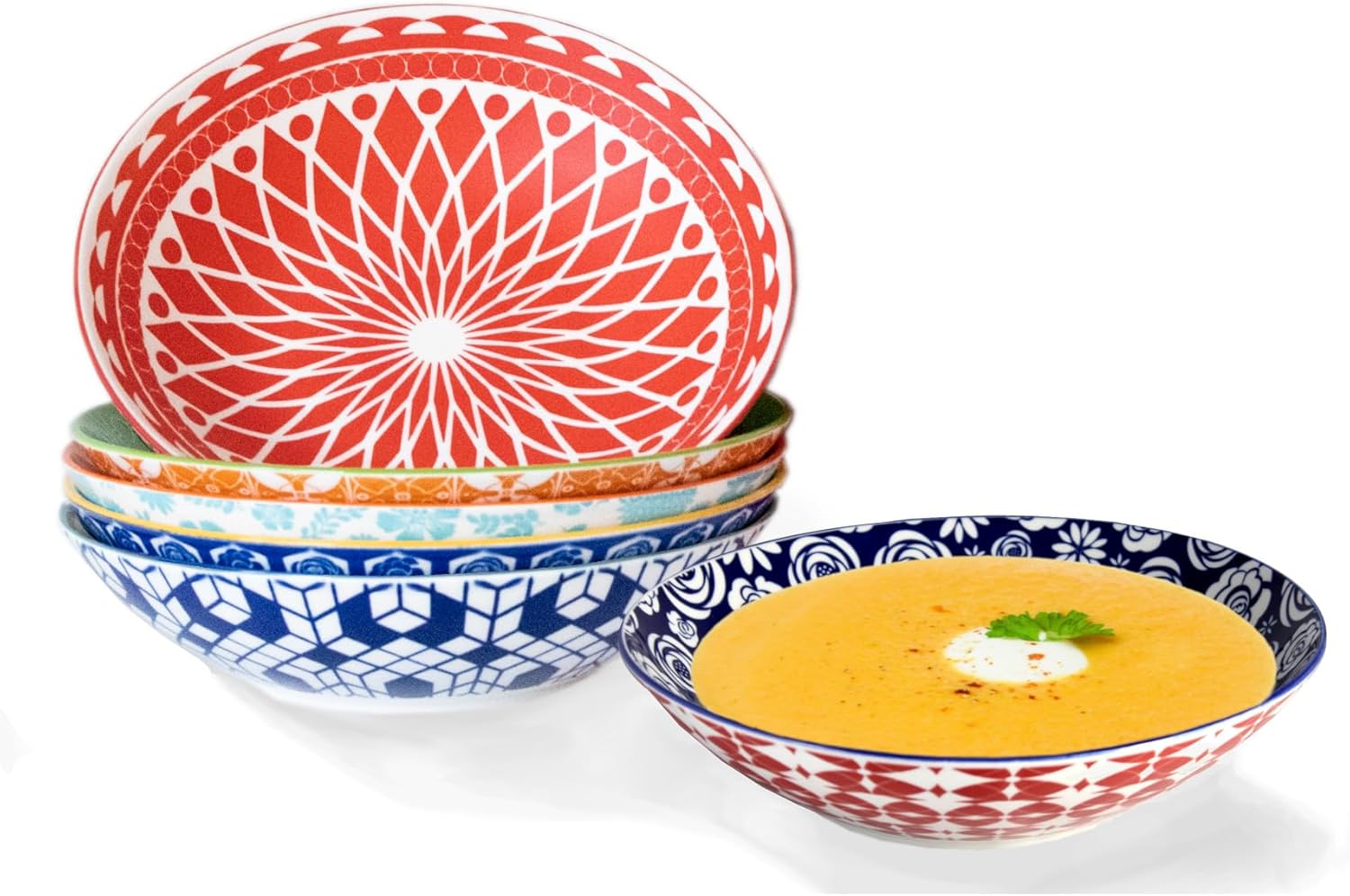 Annovero Pasta Bowls - Bowl Plates for Serving Soup, Salad, Dinner - Decorative Colorful Porcelain for Kitchen - Microwave, Dishwasher, Oven Safe - Zero Lead & Cadmium - 42 Oz - Set of 6