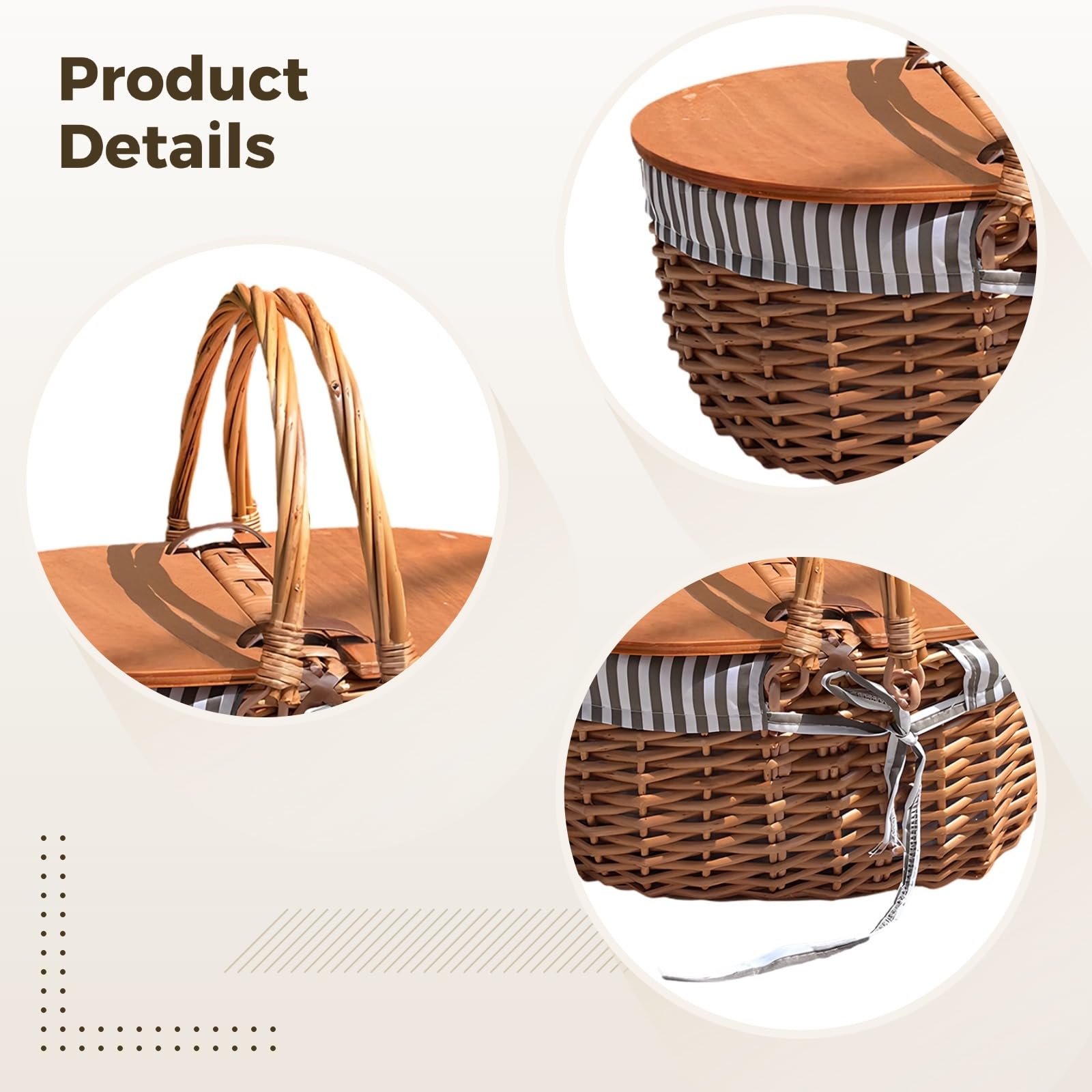 Panier Pique Nique, Panier en Osier avec Couvercle et poignée, 39 cm, tressage en Saule et Paille, Panier Portable pour Camping, extérieur, Jardin, fêtes et Repas en Plein air