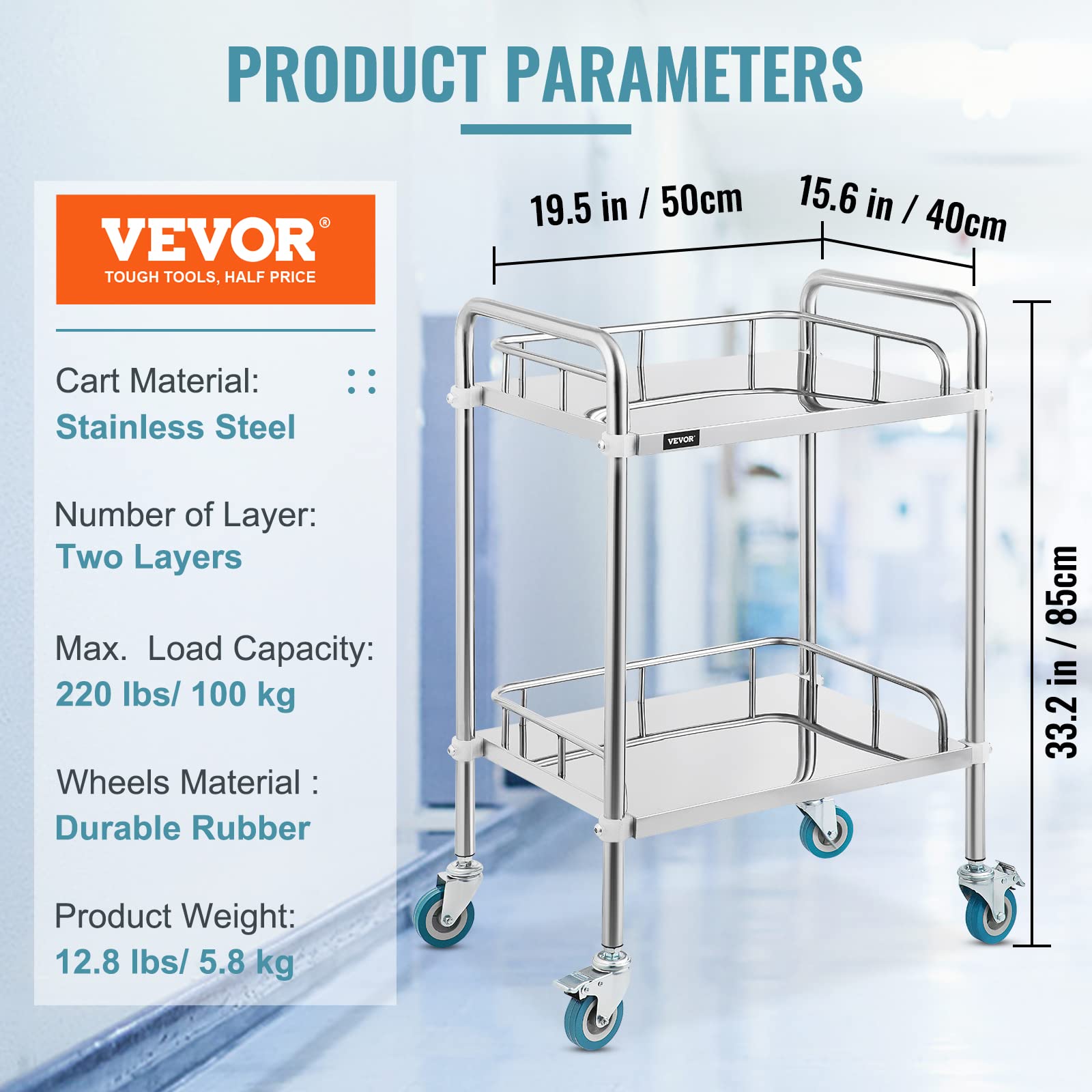 VEVOR Servierwagen Edelstahl Serving Lab Trolley 2 Böden Laborwagen Tragbar Abräumwagen Medical Dental Lab Cart Transportwagen Rollwagen Medizinisch Universalräder Zwei Fußbremsen Breite Anwendung