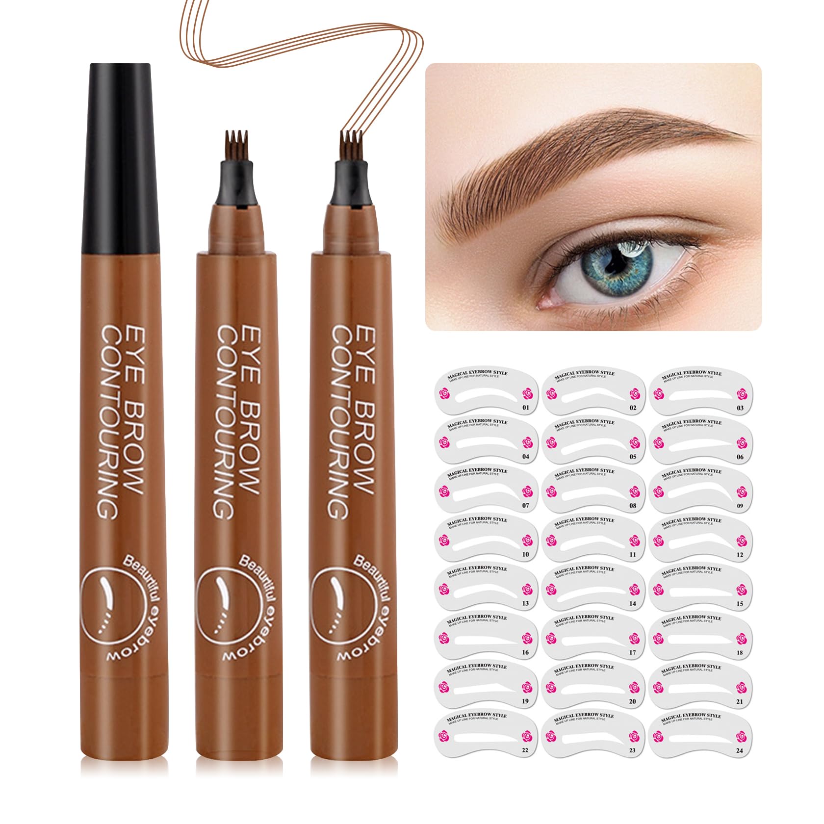 3Pcs Light Brown Microblading Eyebrow Pen,Liquid Eyebrow Pen,Waterproof Microblading Eyebrow Pencil with a Micro-Fork Tip Applicator, 24h Smudge Proof,Easily Create Natural Charming Eye Brow Makeup