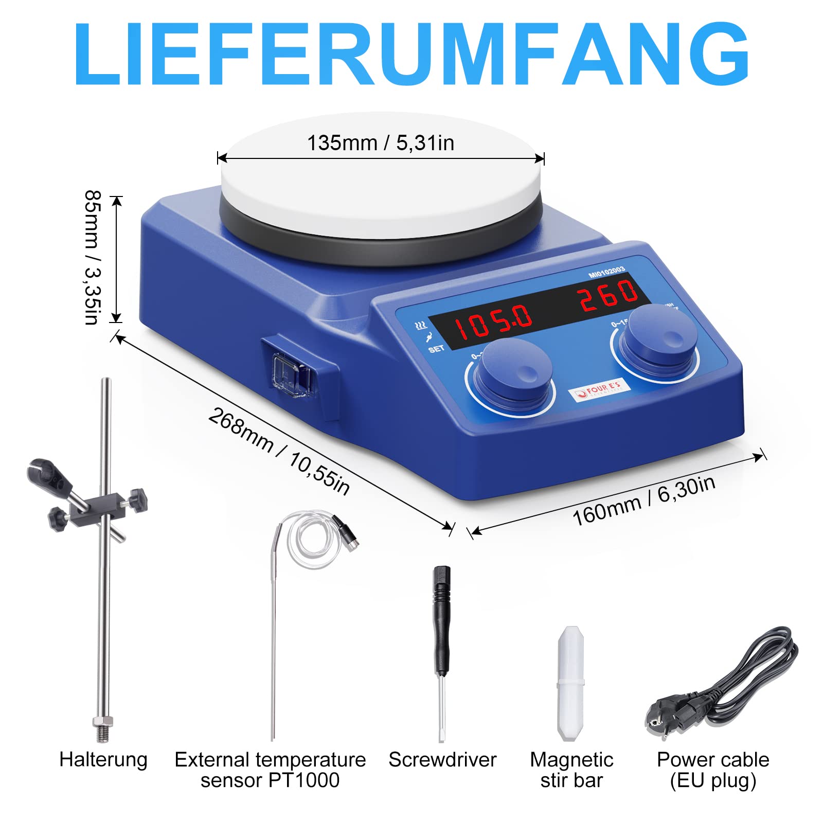 Magnetrührer mit Heizplatte 100-1500UpM 280°C 5L 135mm mit PT1000-Sensor LED-Display Digital Magnetic Stirrer Hot Plate Labor Rührer Magnetmischer