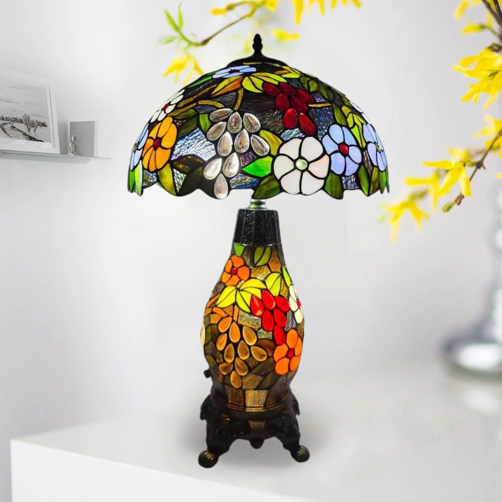 TIFFORA Tiffany Style Clustered Table Lamp, Stained Glass Multicolor 16 Inch Stained Glass Shade Lampshade (CTFTL-1609)