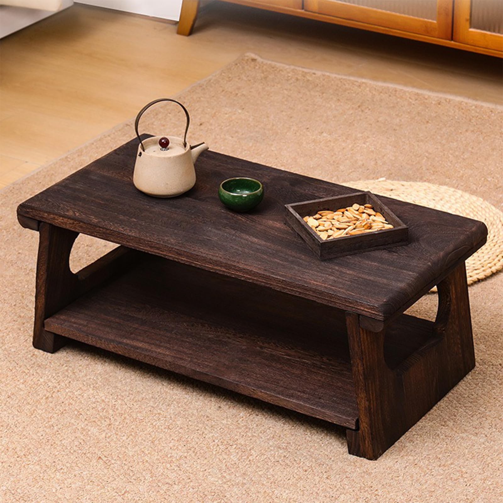 Table de sol portable en bois naturel carbonisé au design tatami authentique