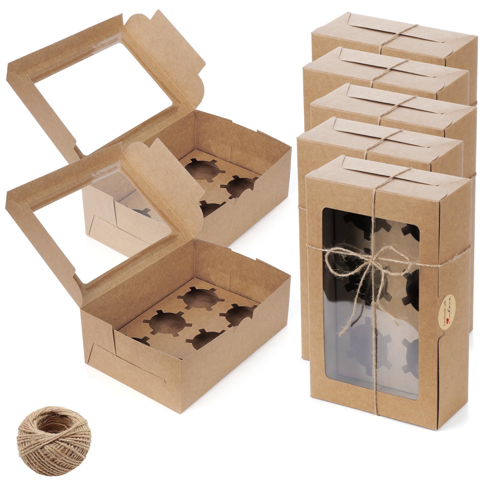 KASTWAVE 6 Hole Cupcake Boxes, 20 Pcs Paper Cupcake Carrier Boxes, Cake Boxes with Inserts, Bakery Boxes with Window, Paper Candy Treat Boxes, DIY Craft Paper Gift Boxes, 24×17.5×10cm