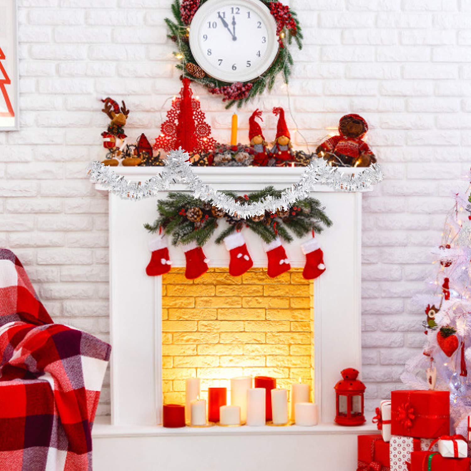 Guirnalda de espumillón para Navidad, Guirnalda de oropel navideña Rosa de 6M for árbol de Navidad(Silver Tinsel)