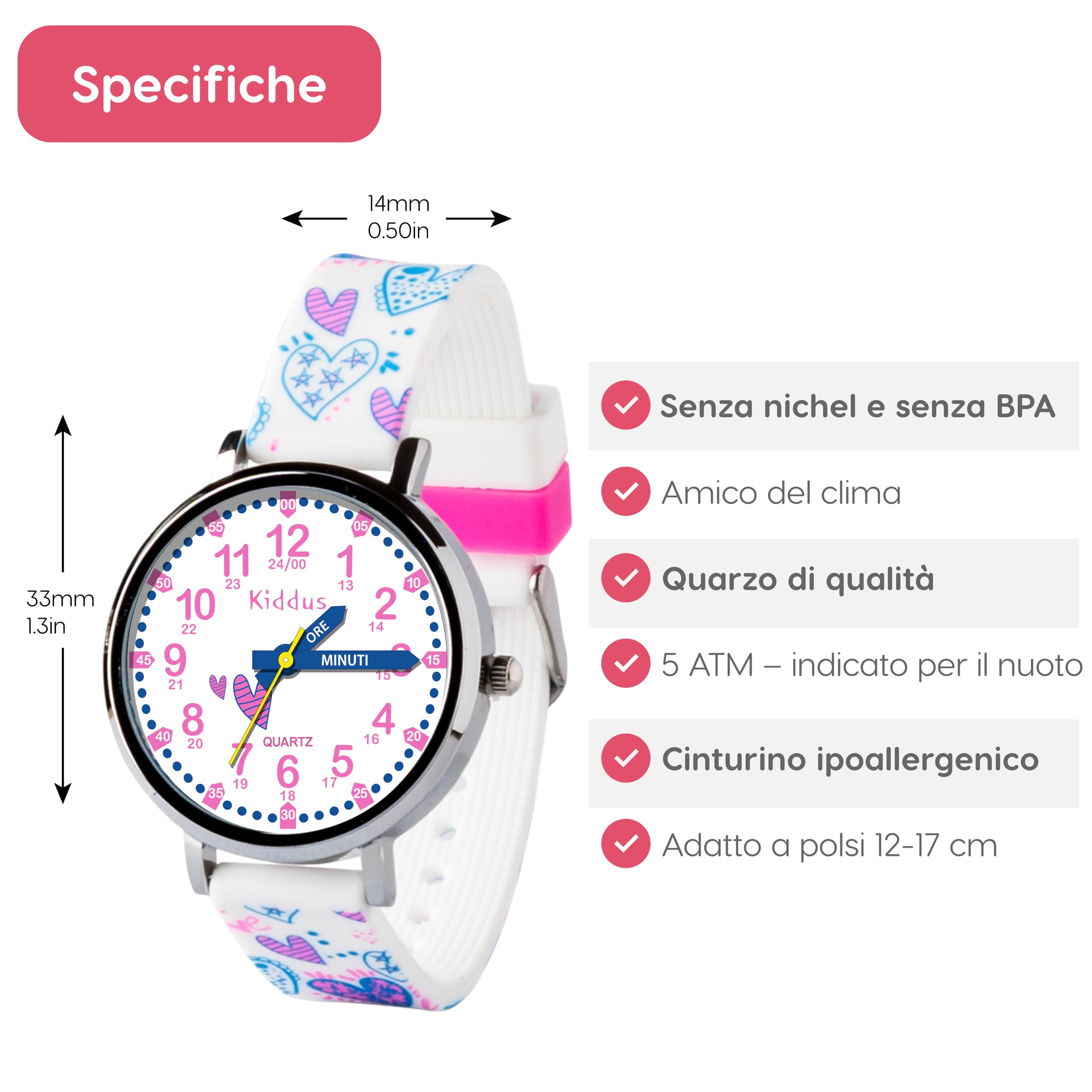 Kiddus Reloj Educativo Infantil para Niño y Niña a Partir de 5 Años, Sumergible 5ATM, Reloj Analógico para Aprender la Hora, Mecanismo Japonés