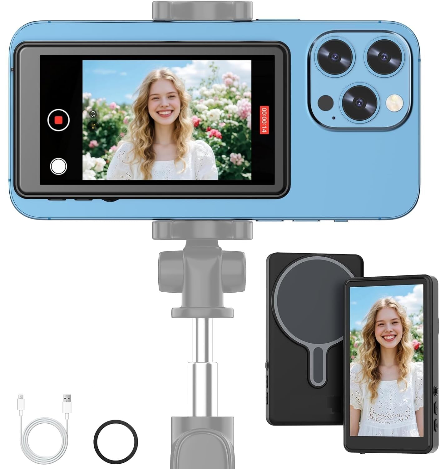 KRLZ Vlog Selfie Monitor Screen for iPhone & Android, Audio Sync Built-in Speaker, Wireless Magnetic Phone Back Camera Monitor for Selfie Vlog Live Stream TikTok (Black)-picture-13