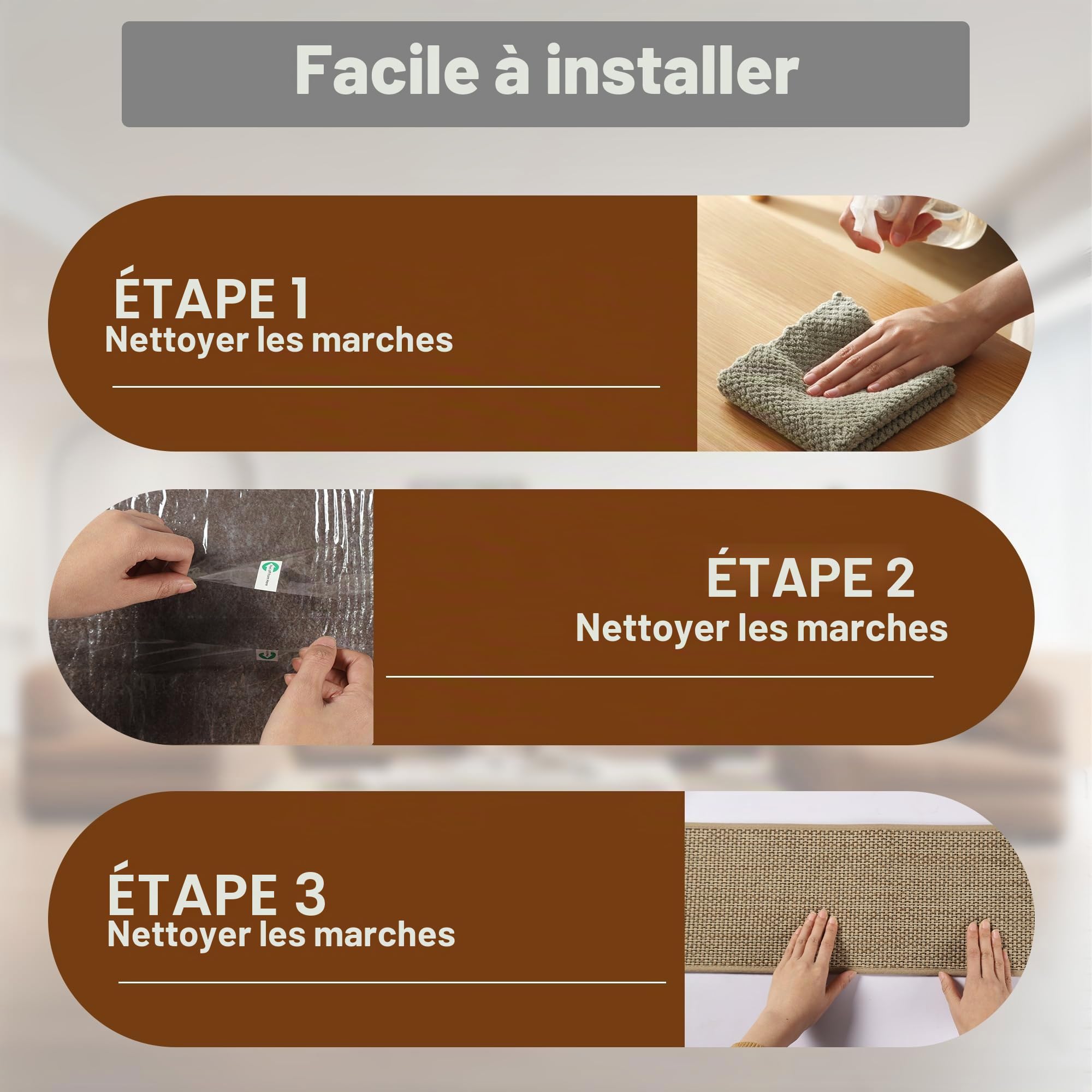 Marchettes d'Escalier, 20cm*76cm 15PCS, Anti Derapant Tapis, Moquette Escalier, Moquette Autocollante, Tapis d'Intérieur Antidérapant, avec Adhésif Réutilisable, Beige