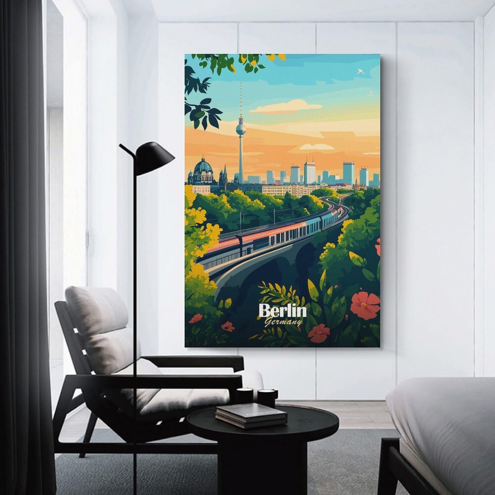 Junmoney Berlin Cityscape with Train Canvas Wall Decor, 24x36inch(60x90cm), for Home Lounge, Bedroom Or Reading Nook, Modern Wall Decor for Cosy Interiors