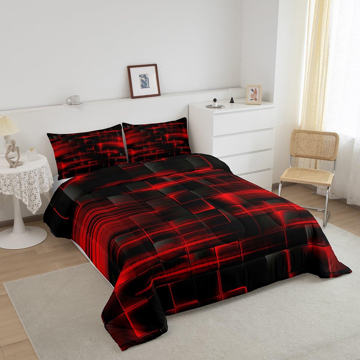 Feelyou Red Black Bedding Set Full Size Boys Girls Geometric Strip Lines Comforter Set for Kids Geometry Comforter Abstract Modern Duvet Set Room Decor Duvet Set