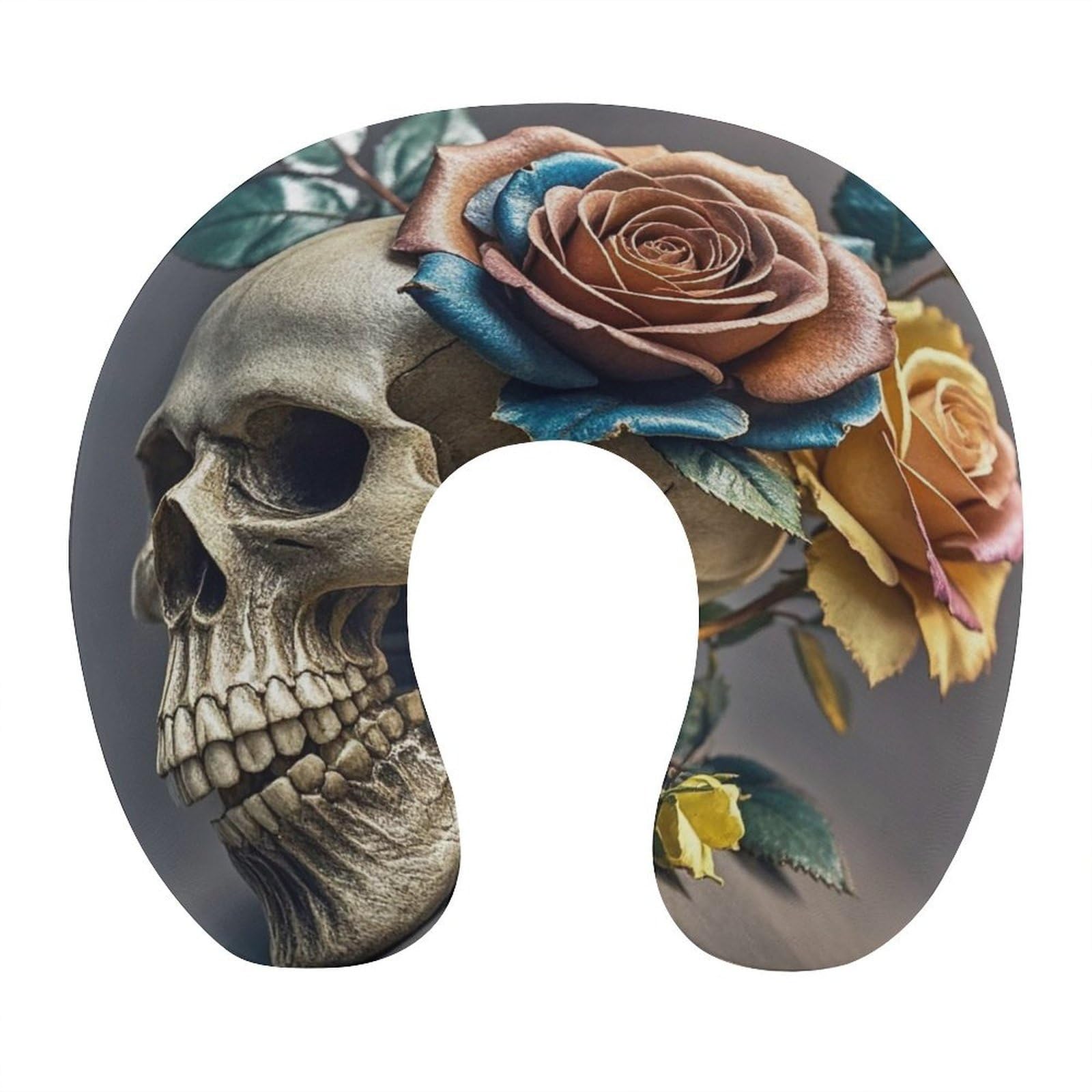 FekiLoot Leather Rose Skull Travel Pillow Comfortable U Shape Memory Foam Pillows Neck and Head Support Portable Travel Neck Pillow Suitable for Planes Trains Self-Driving Cars