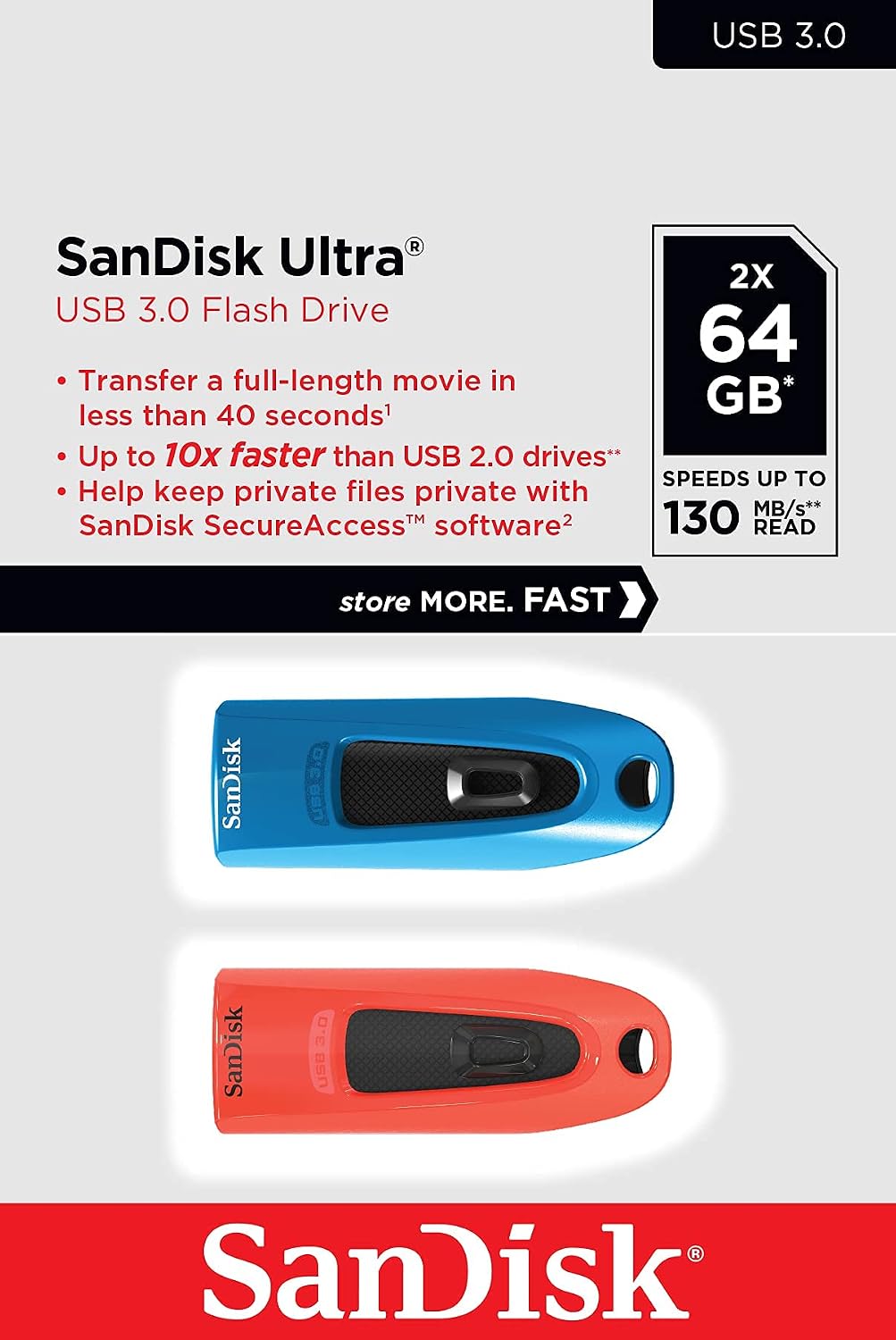 SanDisk Ultra 64GB USB Flash Drive USB 3.0 up to 130MB/s Read - Twin Pack, Red/Blue - Image 3