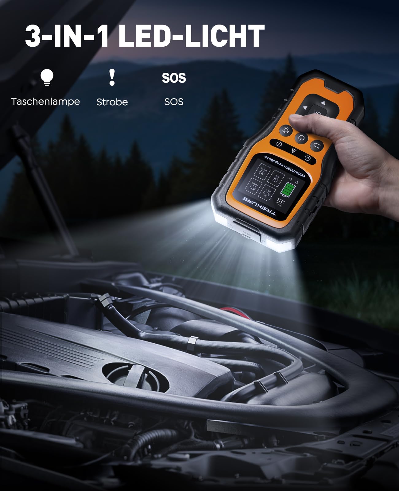 TREKURE 7000A Starthilfe Powerbank Auto mit Batterietester & OBD2 Diagnosegerät – 12V Auto Starthilfegerät für Benzin & Diesel bis 10.0L, LED Licht, Notfall-Tool für PKW