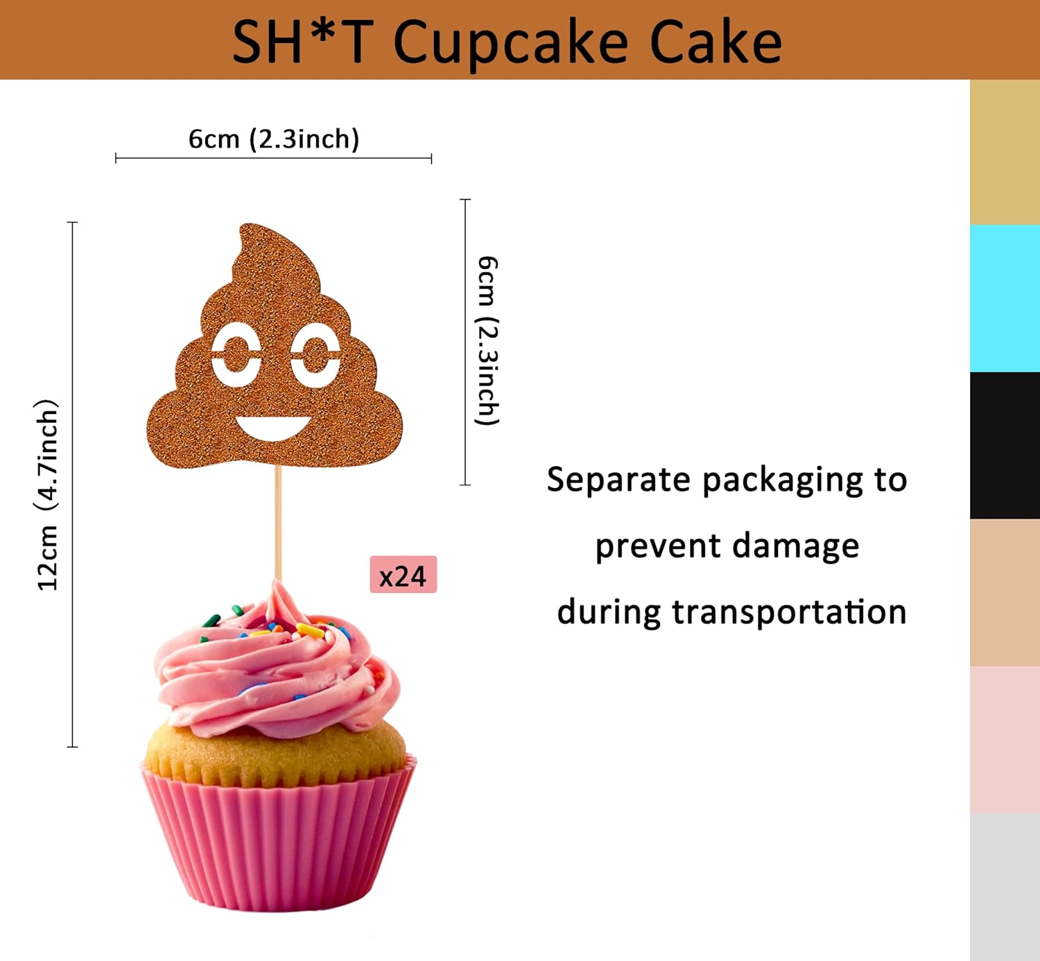 24Pack Pile of Pooh Cupcake Topper - Glitter Brown Holy Shit Birthday Cupcake Picks, Funny Emoji Shit Cupcake Decor