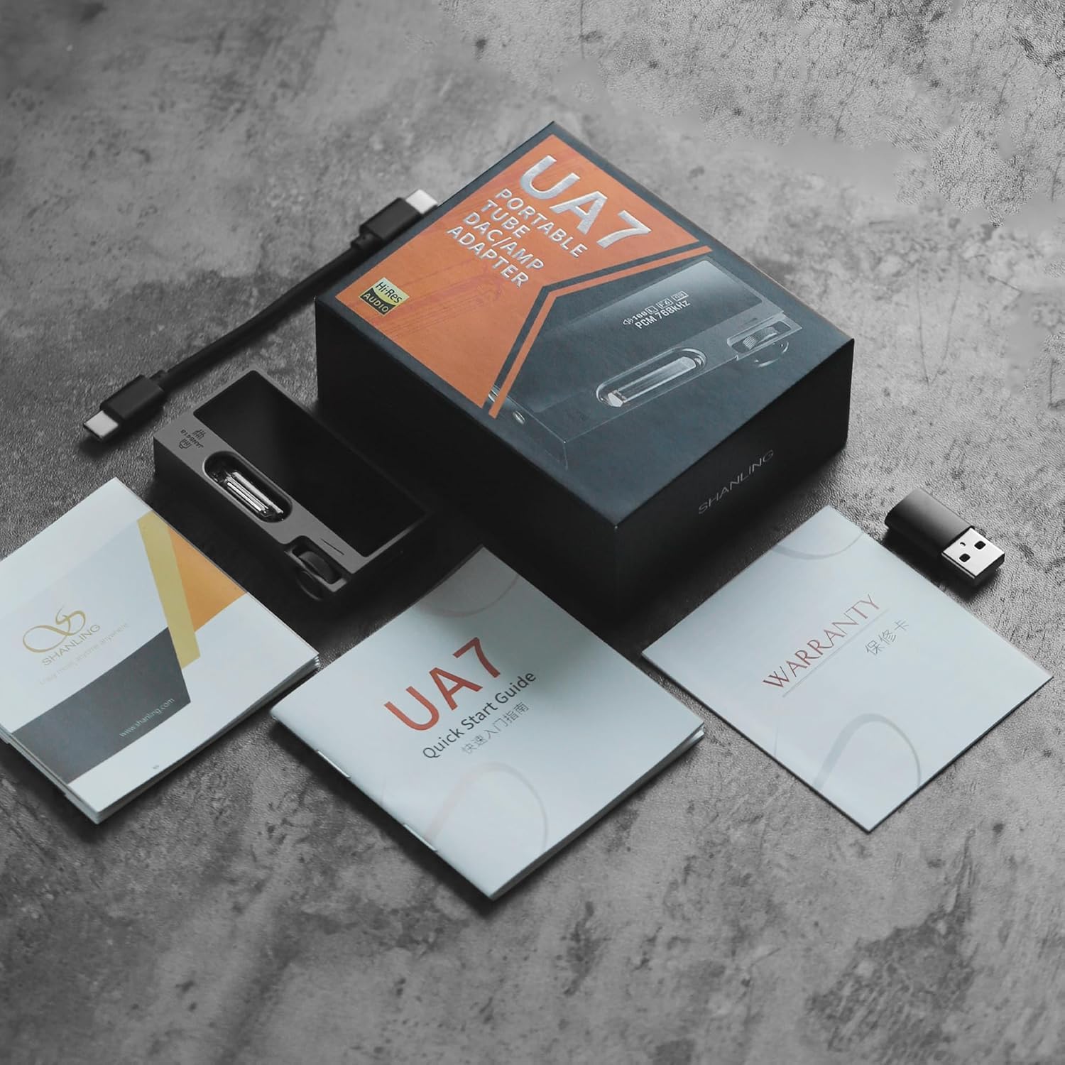 SHANLING UA7 Tragbarer Kopfhörerverstärker, High-End mit Röhrenaroma, USB-Dongle DAC-AMP, ES9069 DAC, Dual-JAN6418-Röhren, unterstützt 768 kHz/32 Bit, DSD512, 577 mW bei 32 Ω Ausgang, 3,5 mm + 4,4 mm