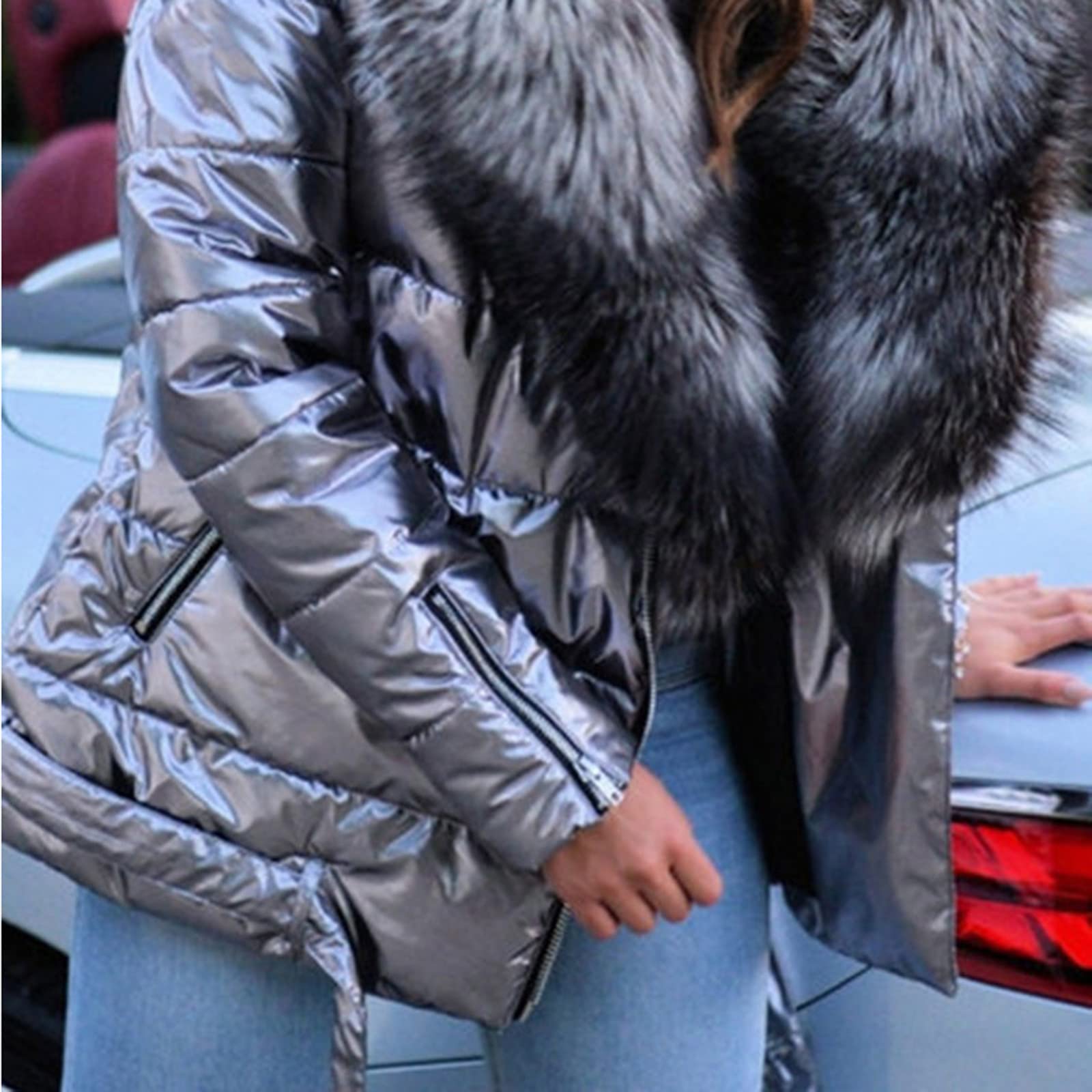 Daunenjacke Damen Winter Kurz Glänzend Winterjacke Warm Fellkapuze Steppjacke Gefüttert Dicke Mit Kapuze Puffer Jacke Reflektierend Mit Reissverschluss Kurze Daunenmantel Kuschelig Steppmantel