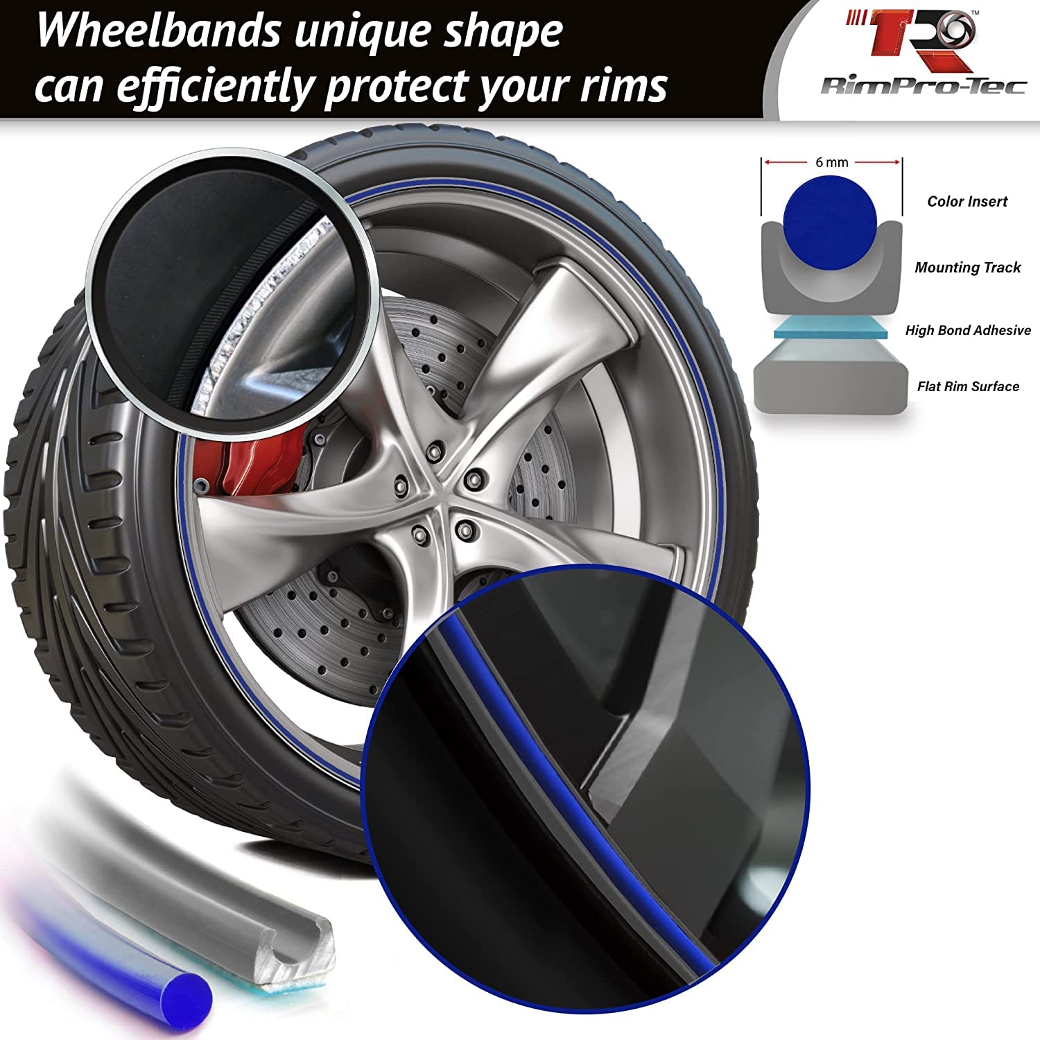 Rimpro-Tec Wheelbands Rim Protectors for Car Wheels Protection and Decor, Suitable for Tesla 4mm flat edge and all other Cars, Easy-to-Install Fit from 12'' to 22'‘ Base: Black, Inner: Dark Blue