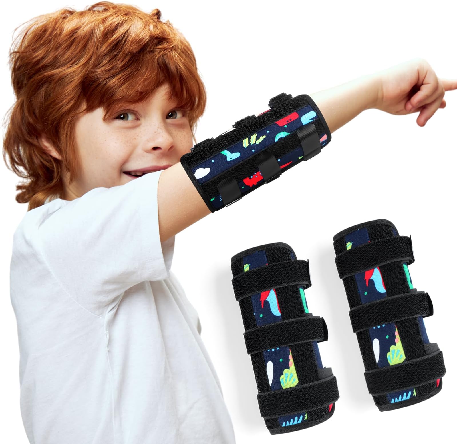 2 Pack Thumb Sucking Stop for Kids Toddlers Nail Biting Treatment Finger Sucking Deterrent Guard Prevention Anti Nose Picking Pediatric Elbow Immobilizer for Boys Girls 2-6 Years(Dinosaur)