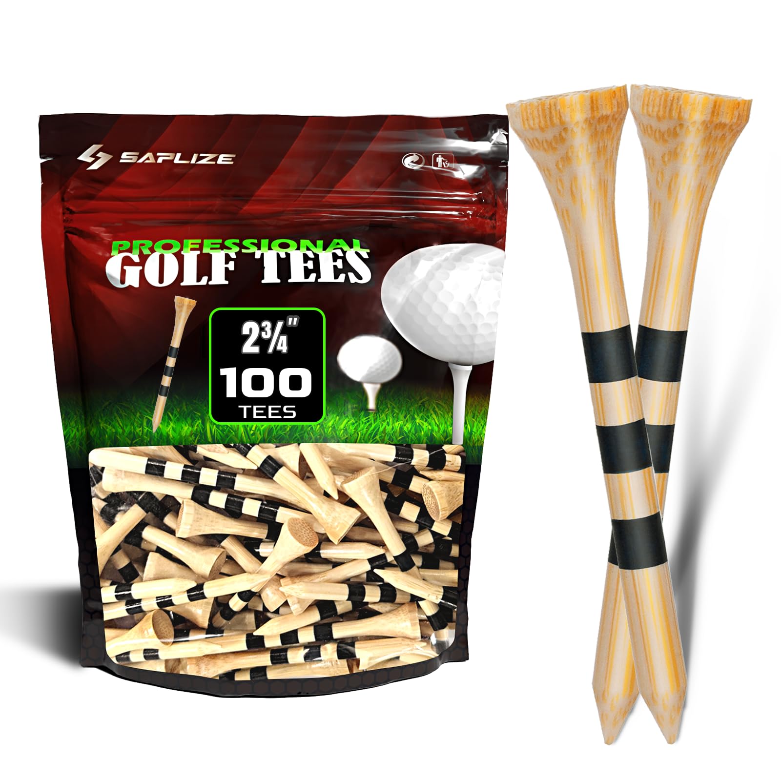 SAPLIZE Bamboo Golf Tees Pack of 100/150, Four Size Options (3-1/4", 2-3/4", 2-1/8", 1-1/2"), Stable and Reliable Golf Tees, Available in Natural/White Color