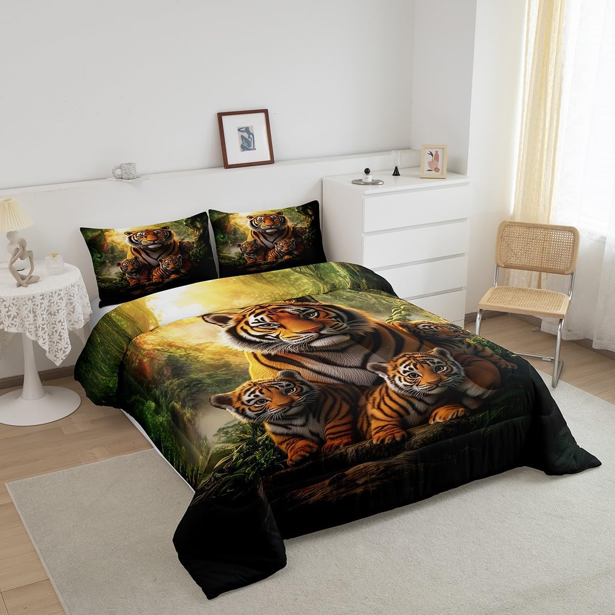Castle Fairy Jungle Tiger Family Comforter Full,Animal King Wildlife Tropical Plants Quilt Comforter with 2 Pillowcases,Safari Animal Yellow Black Stripes Bedding Set Comfortable,Soft and Breathable - Image 2