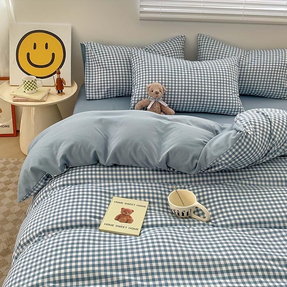 Nayoroom Blue Gingham Duvet Cover Queen Size Plaid Checkered Comforter Cover 3 Pieces Soft Lightweight Washed Microfiber Farmhouse Grid Dorm Bedding Set with Pillowcases - Image 2