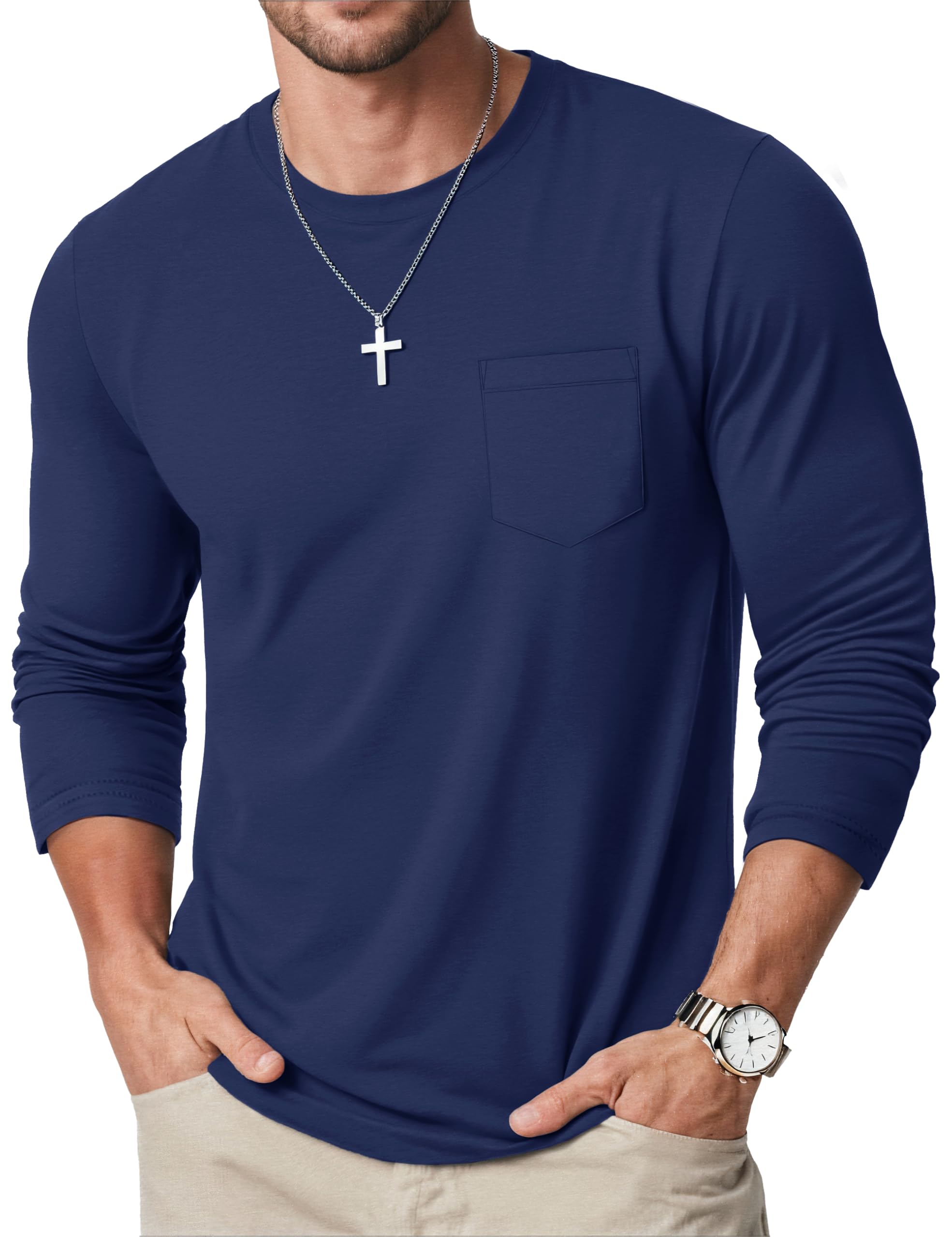 MAGCOMSEN Langarmshirt Herren Longsleeve Shirt Langarm Baumwolle Atmungsaktive Tshirt mit Tasche Freizeit Basic Rundhals