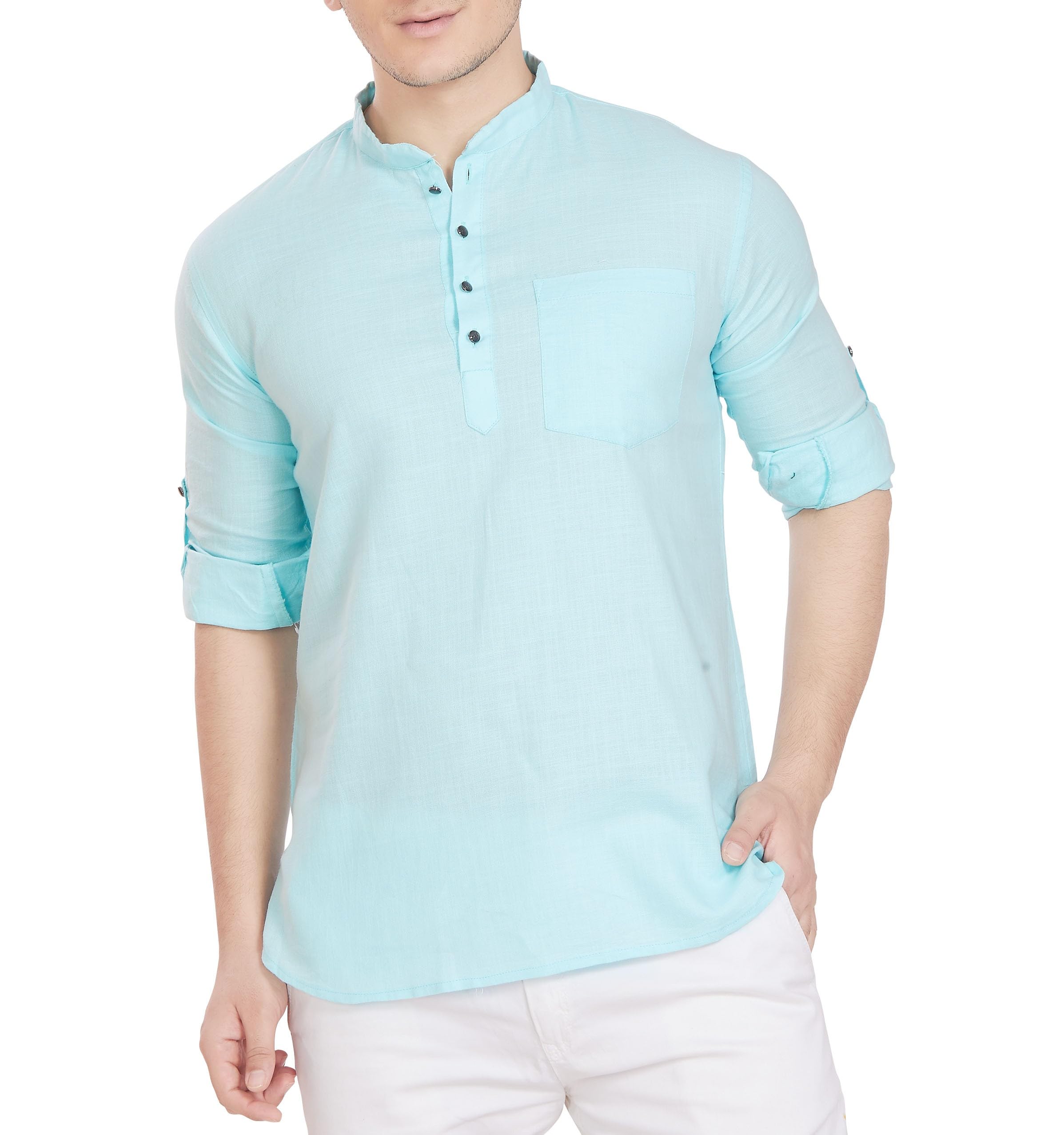 Divisive Men's Pure Cotton Relaxed Fit Short Kurta (Dkrt258_S_Sky)