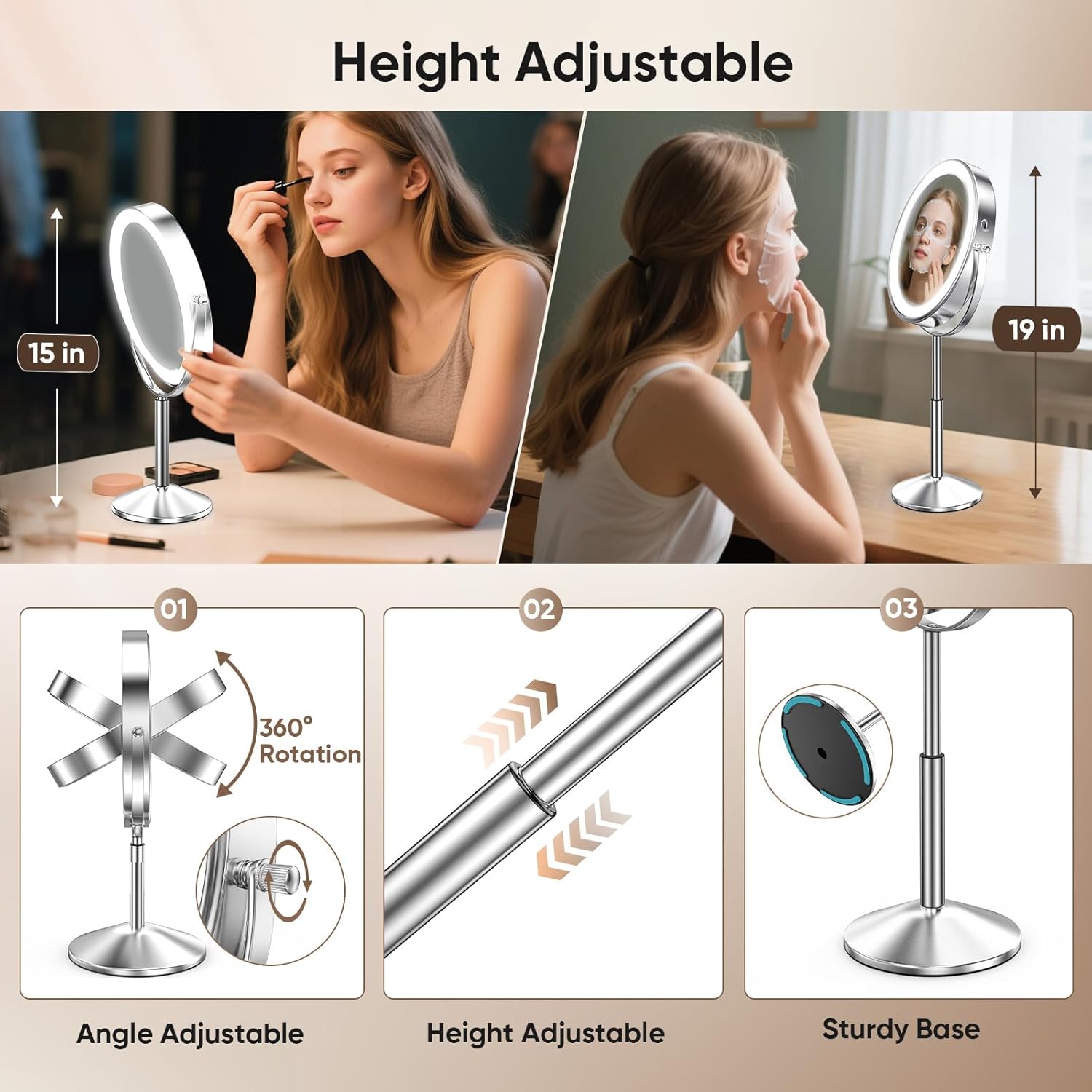 Professional 9" Lighted Makeup Mirror Double-Sided Rechargeable Vanity Mirror 1X/10X HD Magnifying, 88 High-CRI 97 LEDs, 3 Color Modes & Dimmable Brightness, Height Adjustable, 4000mAh Dual Power