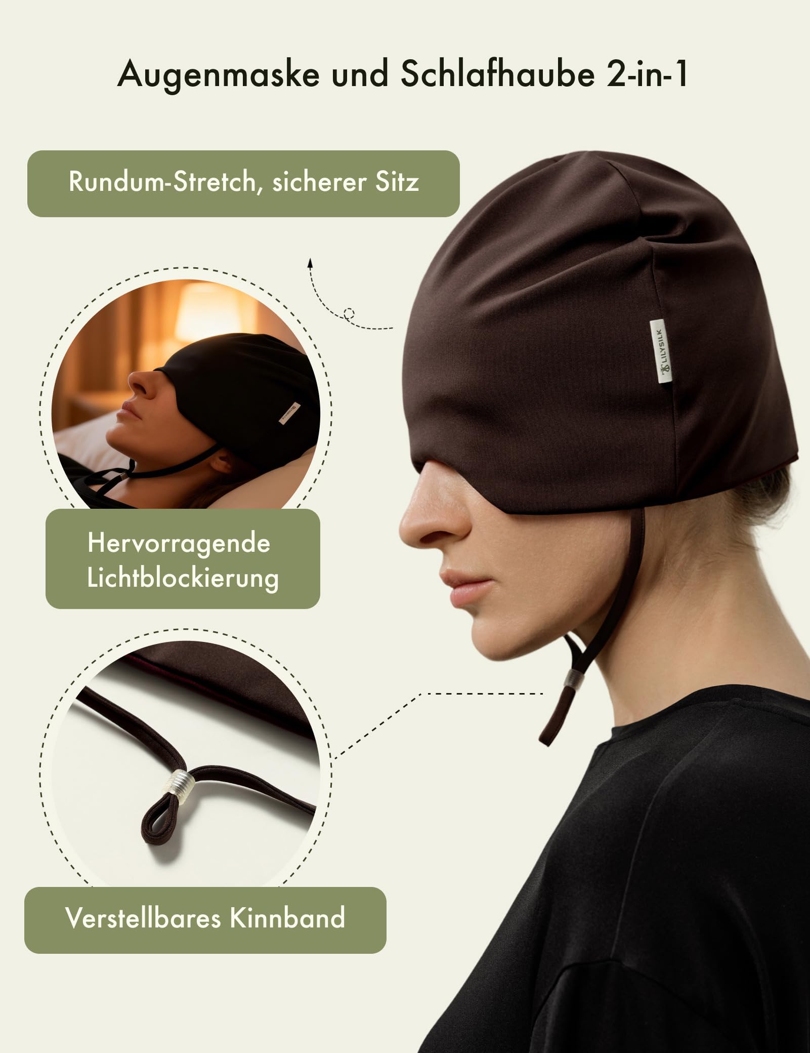 LilySilk Reine Seidenhaube zum Schlafen für Damen | Doppellagige lichtundurchlässige Haube mit verstellbarem Band für Reisen und Zuhause