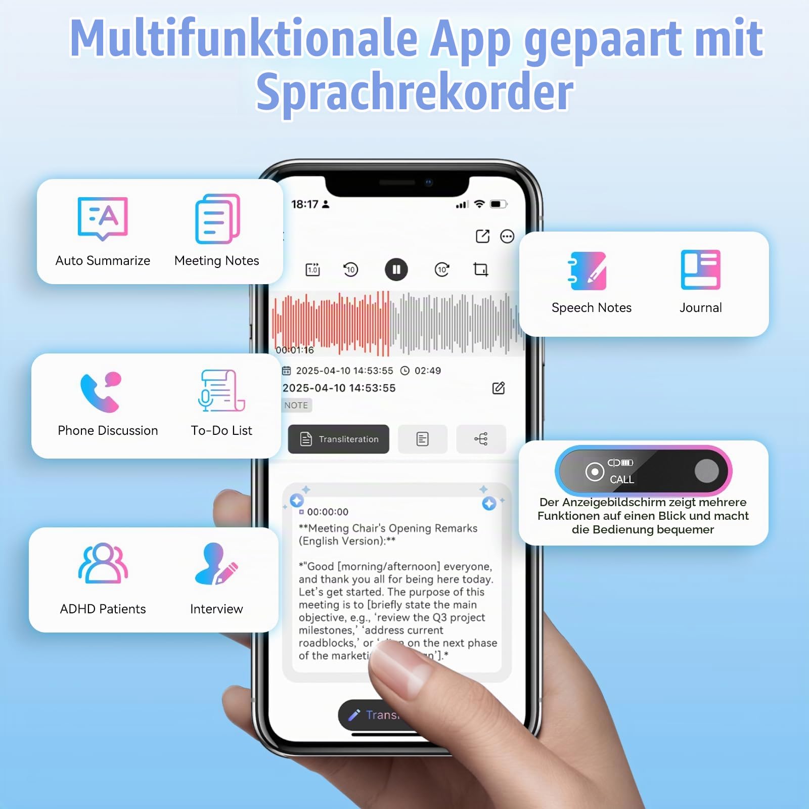 KI Digitales Diktiergerät AI Sprachrekorder 118+ Sprachen Echtzeit-Transkription & Übersetzung 64GB digitaler Diktiergerät mit Textkonvertierung Smart-Zusammenfassung für Meeting-Notizen