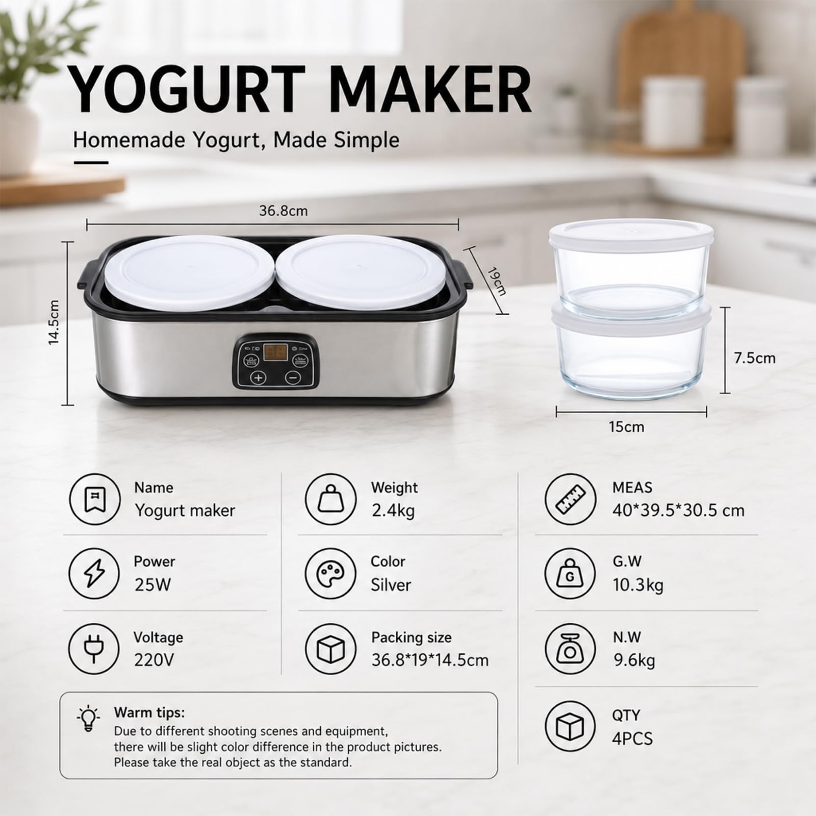 Macchina automatica per yogurt e yogurt, 2000 ml, yogurt maker con 2 contenitori in vetro, temperatura regolabile e timer da 48 ore, per yogurt fai da te, yogurt biologico, formaggio, natto
