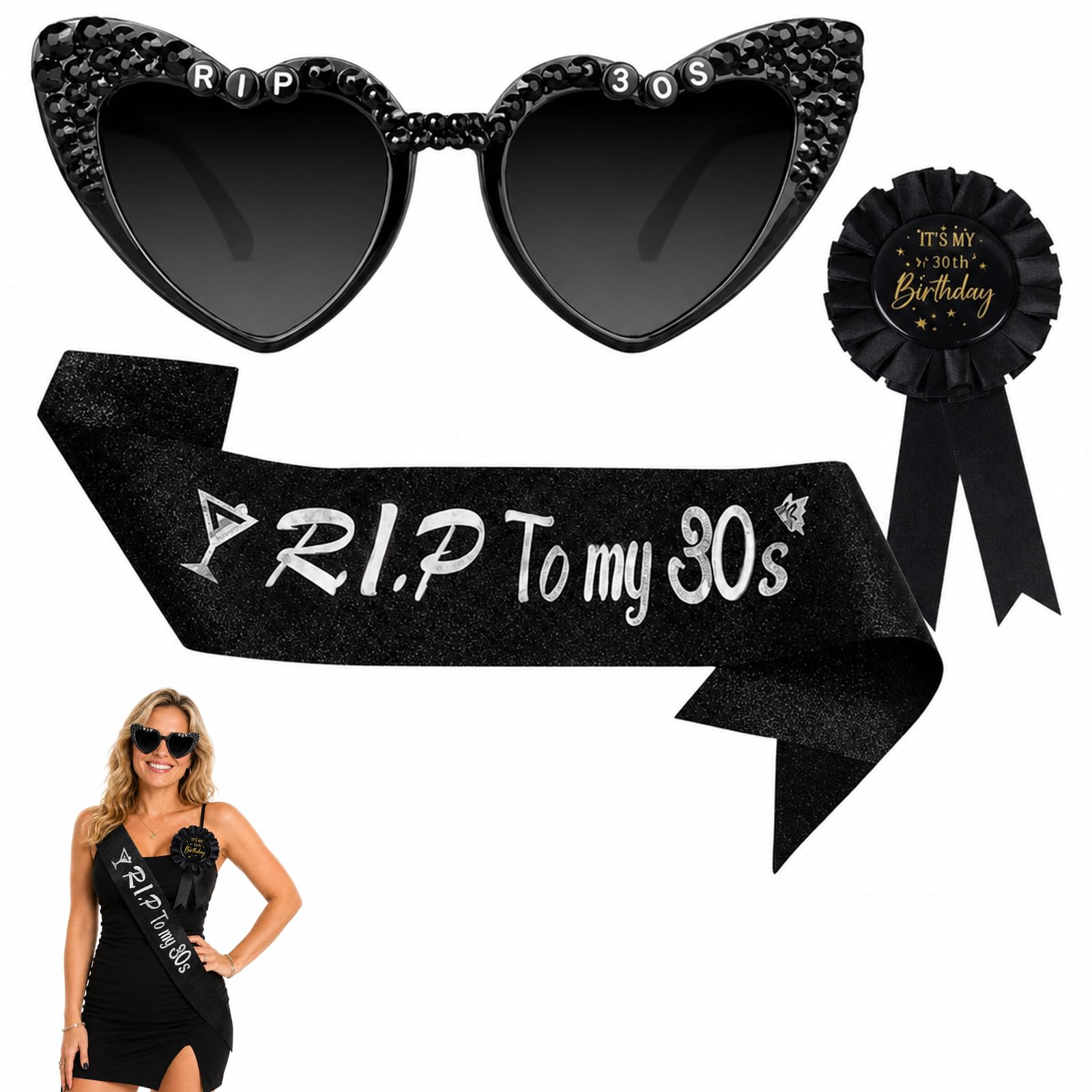 3-Piece 40th Birthday Sashes for Women Set with Glasses and Badge