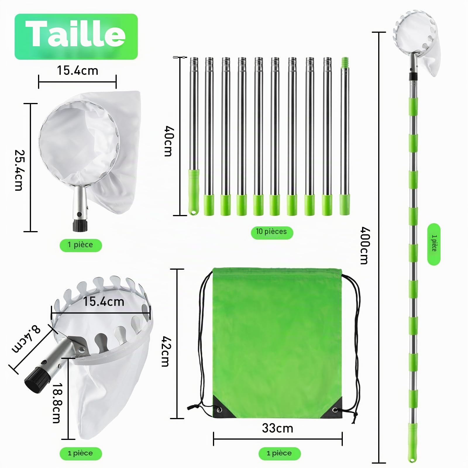 KOMABLEN 4M Cueille Fruit Telescopique, Ramasse Pomme INOX et Sac de Rangement, Poteau Réglable Cueille Fruit pour Pommes Poires Oranges Pêches Cerises